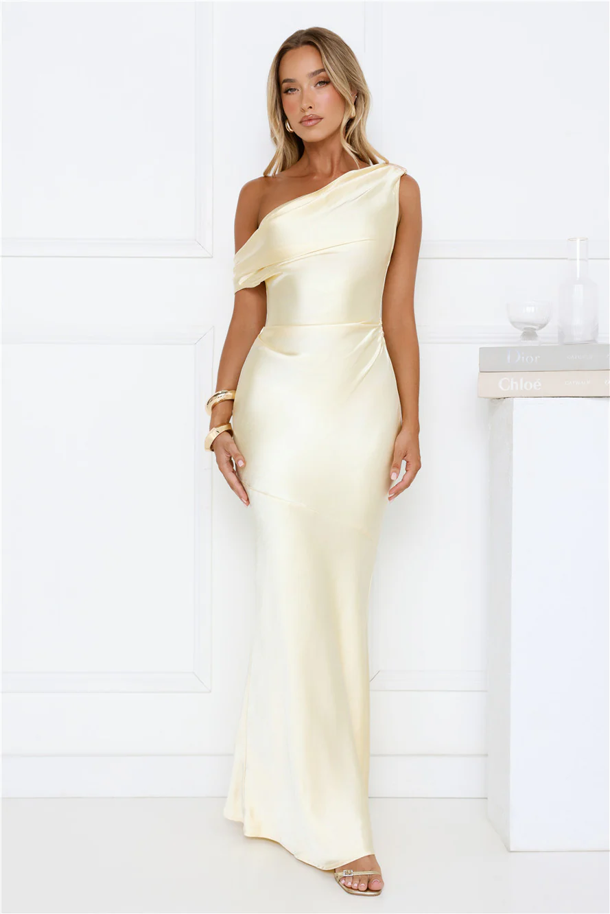 She’s A Dream Satin Off Shoulder Maxi Dress Yellow