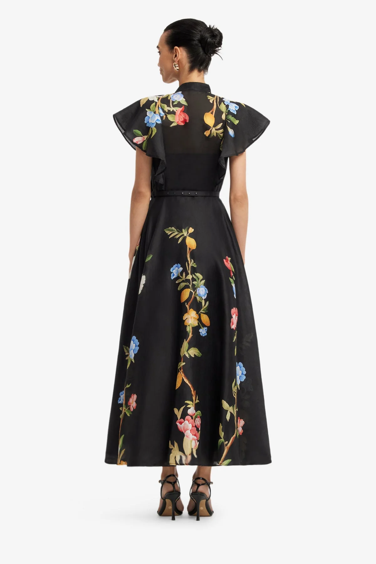 Elsie Flutter Sleeve Midi Dress - Lemon Vine Print in Ebony