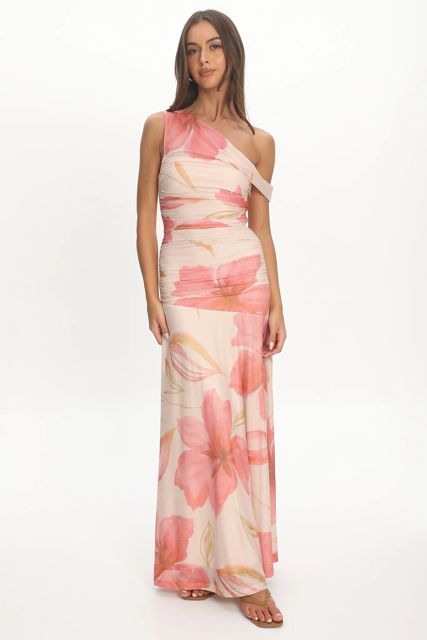 Lylah Asymmetric Neckline Mesh Maxi Dress Floral