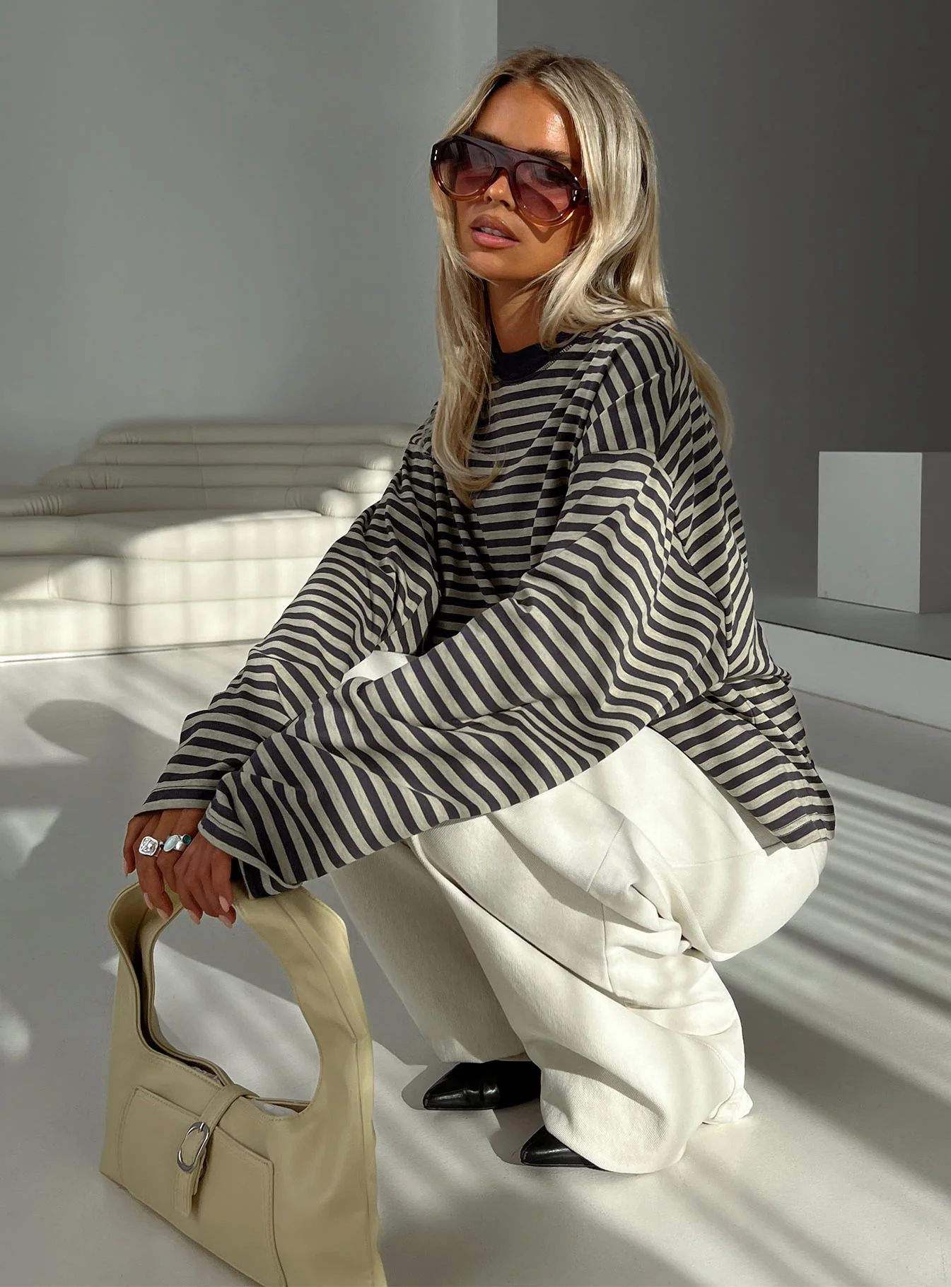 Bloom Long Sleeve Top Beige Stripe