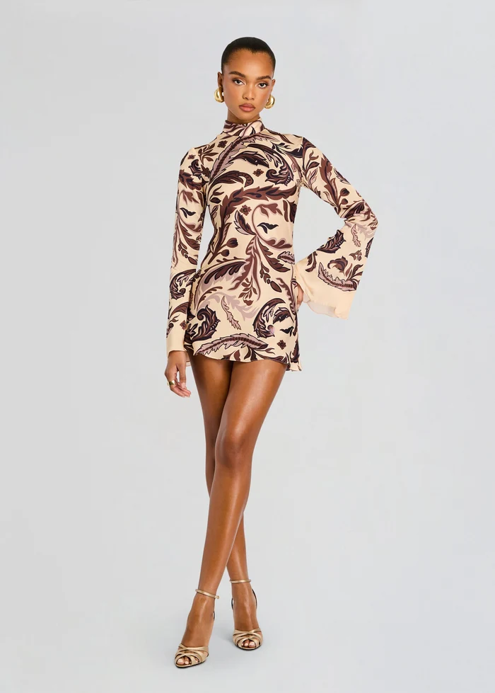 Elegant High Neck Party Dress Printed Brown