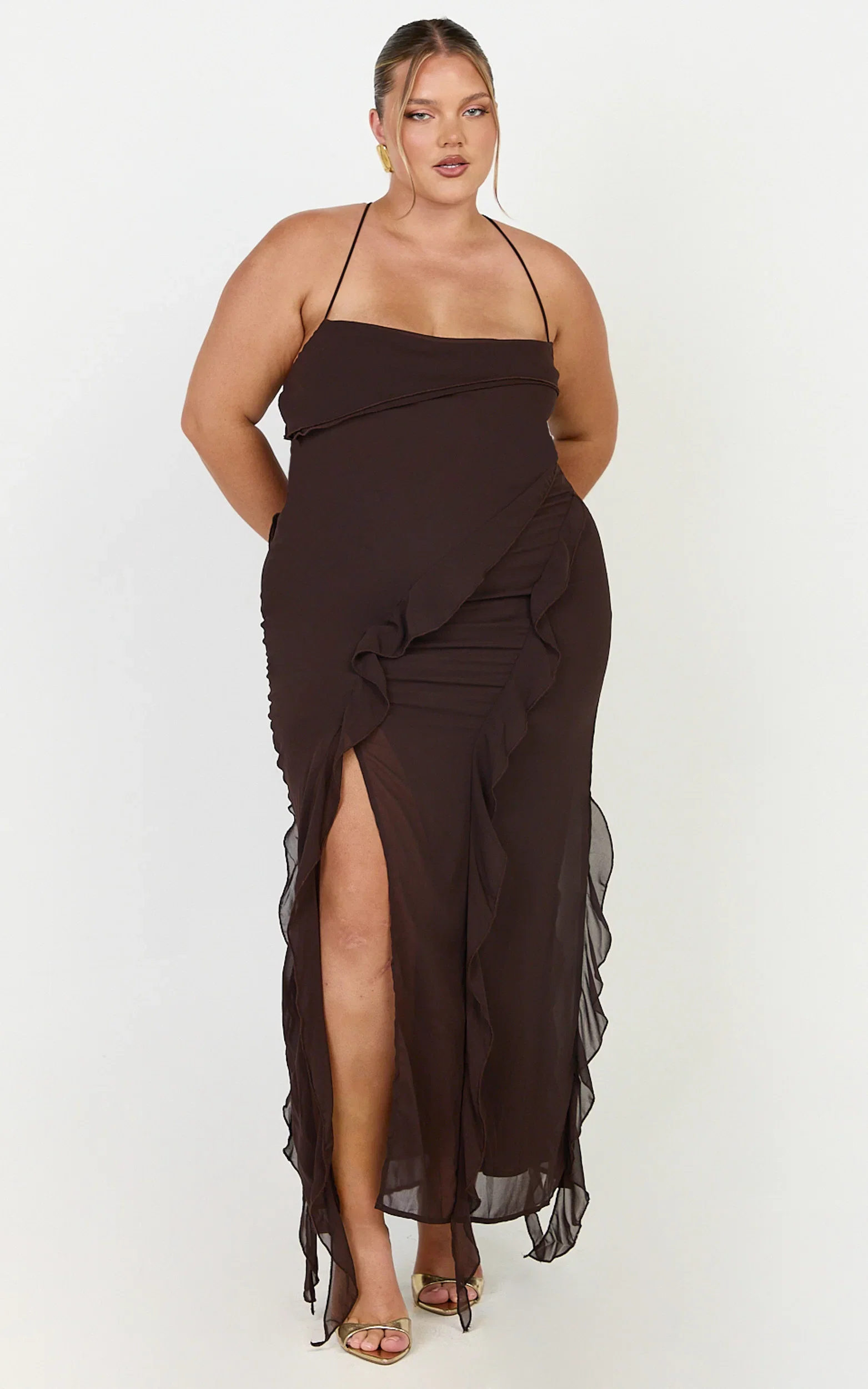 Connie Midi Dress - Ruffle Detail Dress in Chocolate