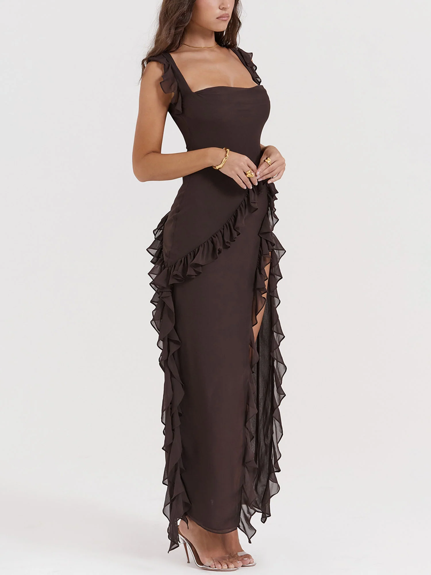Brown Ruffled Cutout Maxi Dress with High Slit