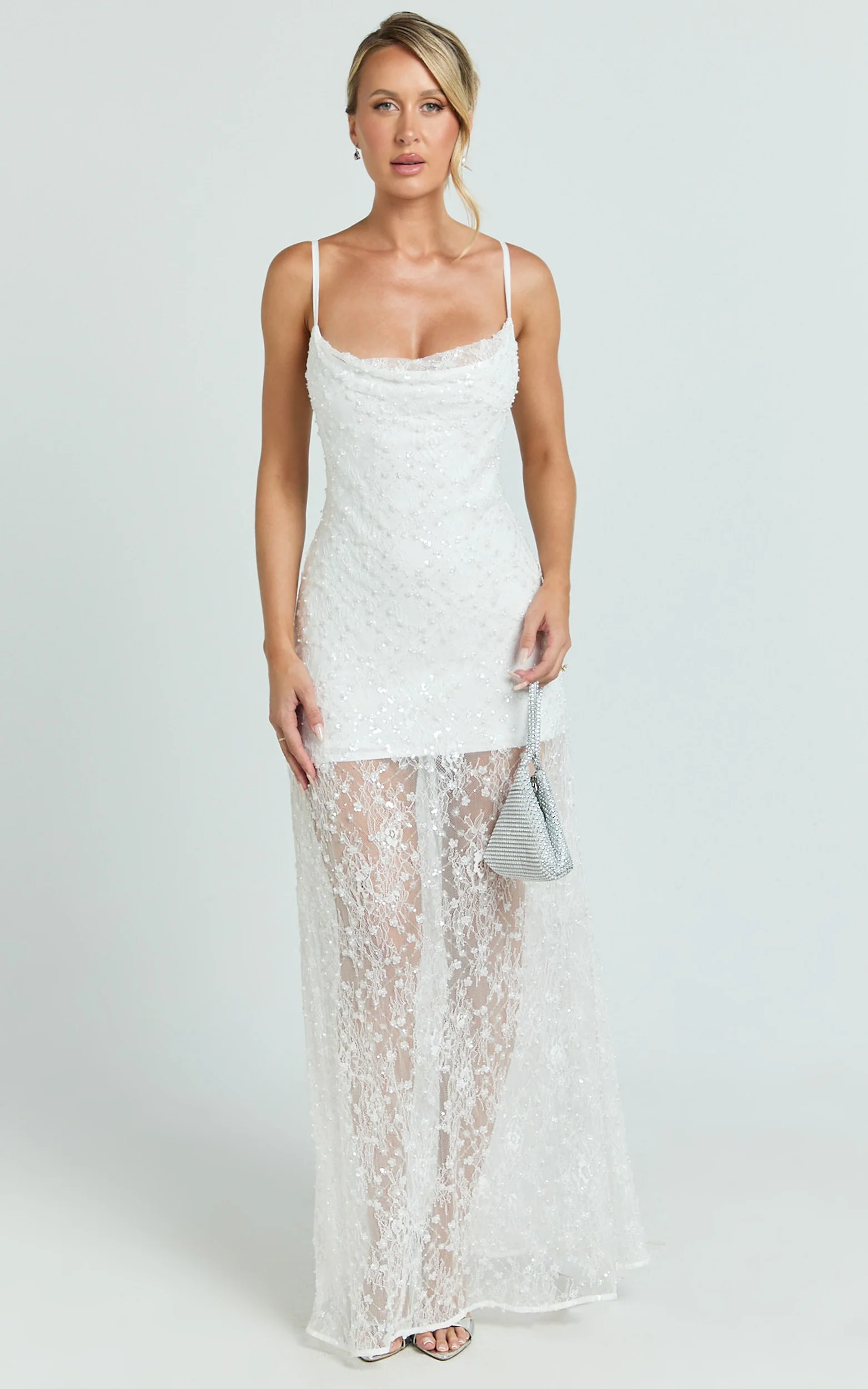 Alana Maxi Dress - Lace Sequin Cowl Neck Dress in White