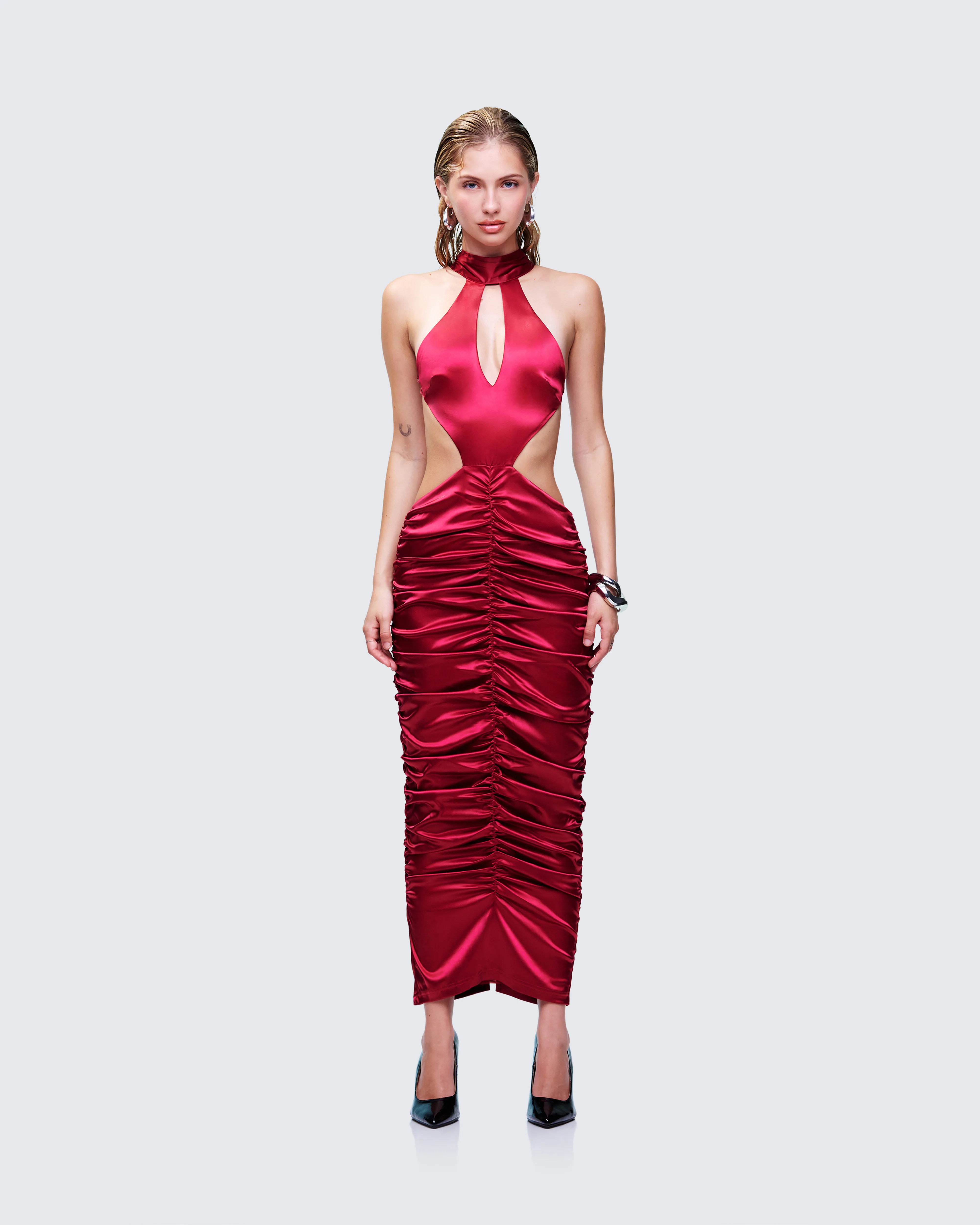Junia Red Ruched Midi Dress
