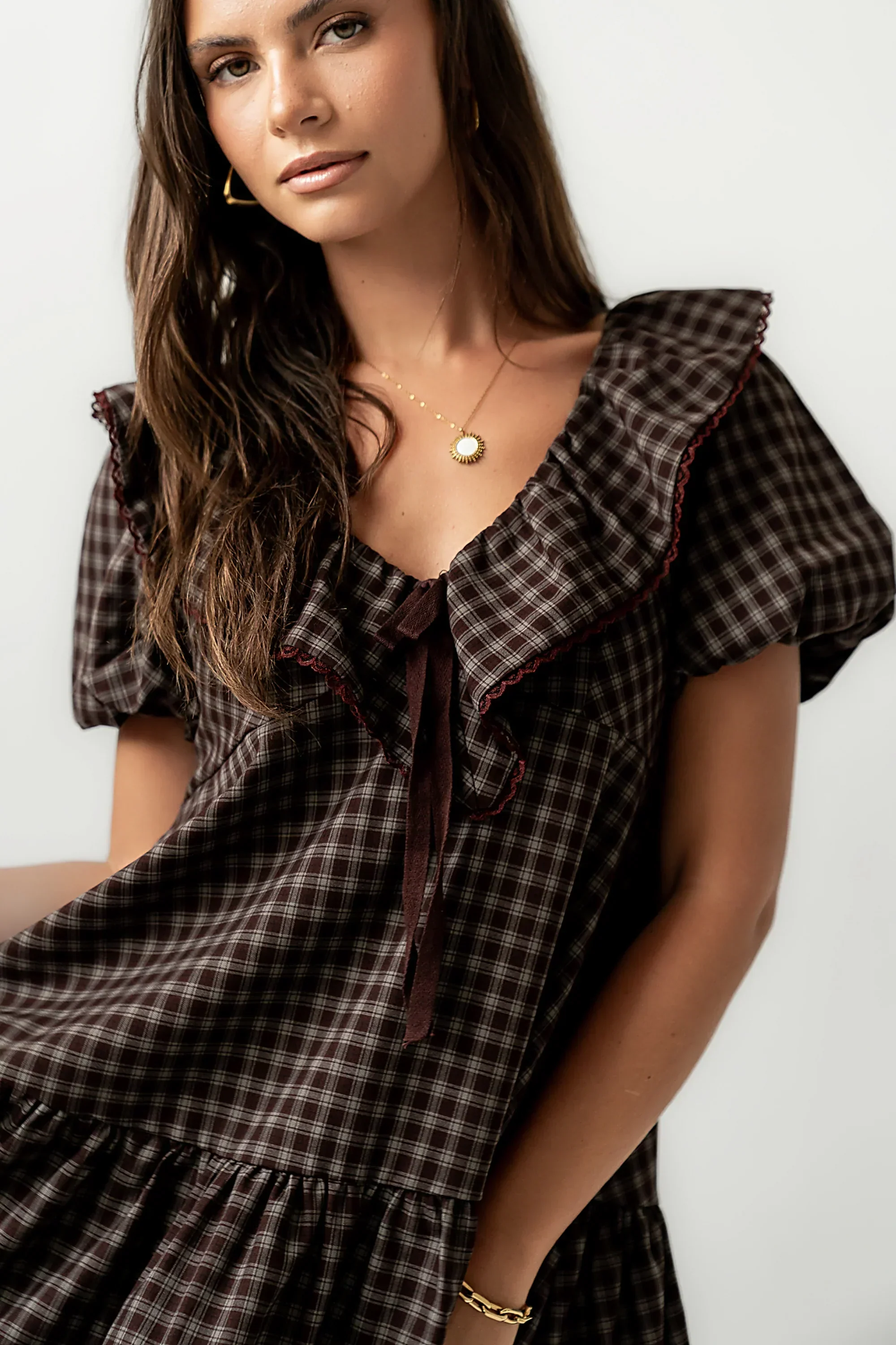 Tony Gingham Baby Doll Dress In Brown - FASHION NOB