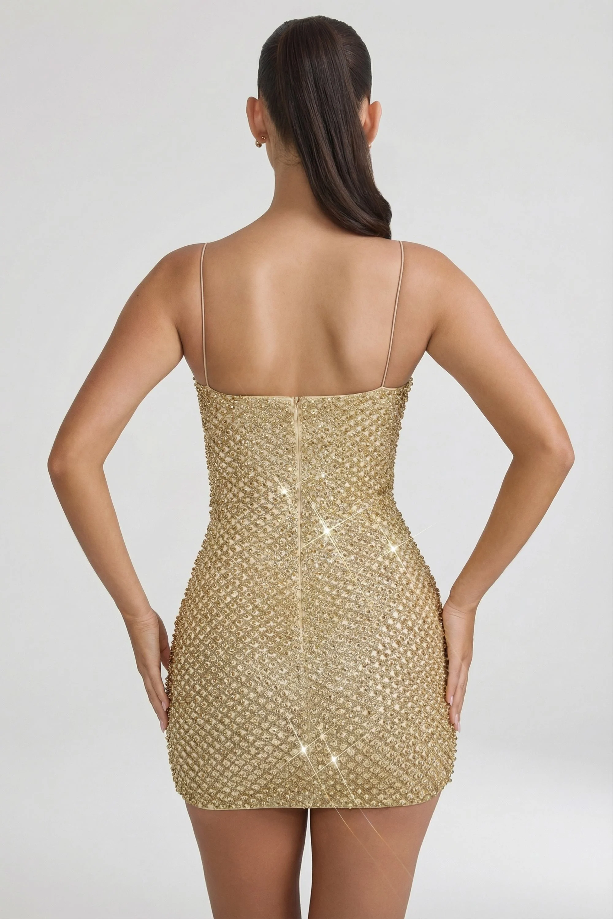 Embellished Sweetheart-Neck Mini Dress in Gold