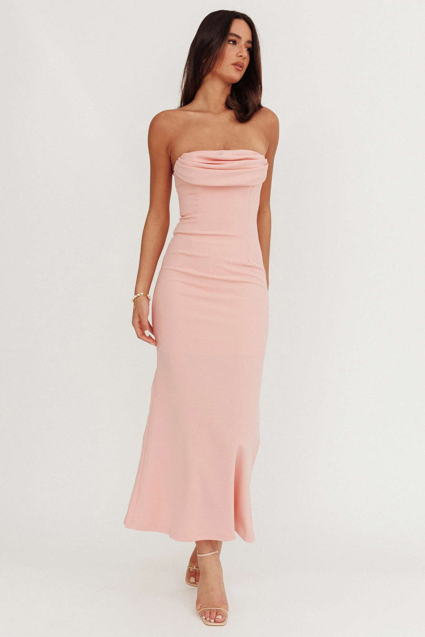 Well Versed Strapless Pleat Bust Maxi Dress Pink