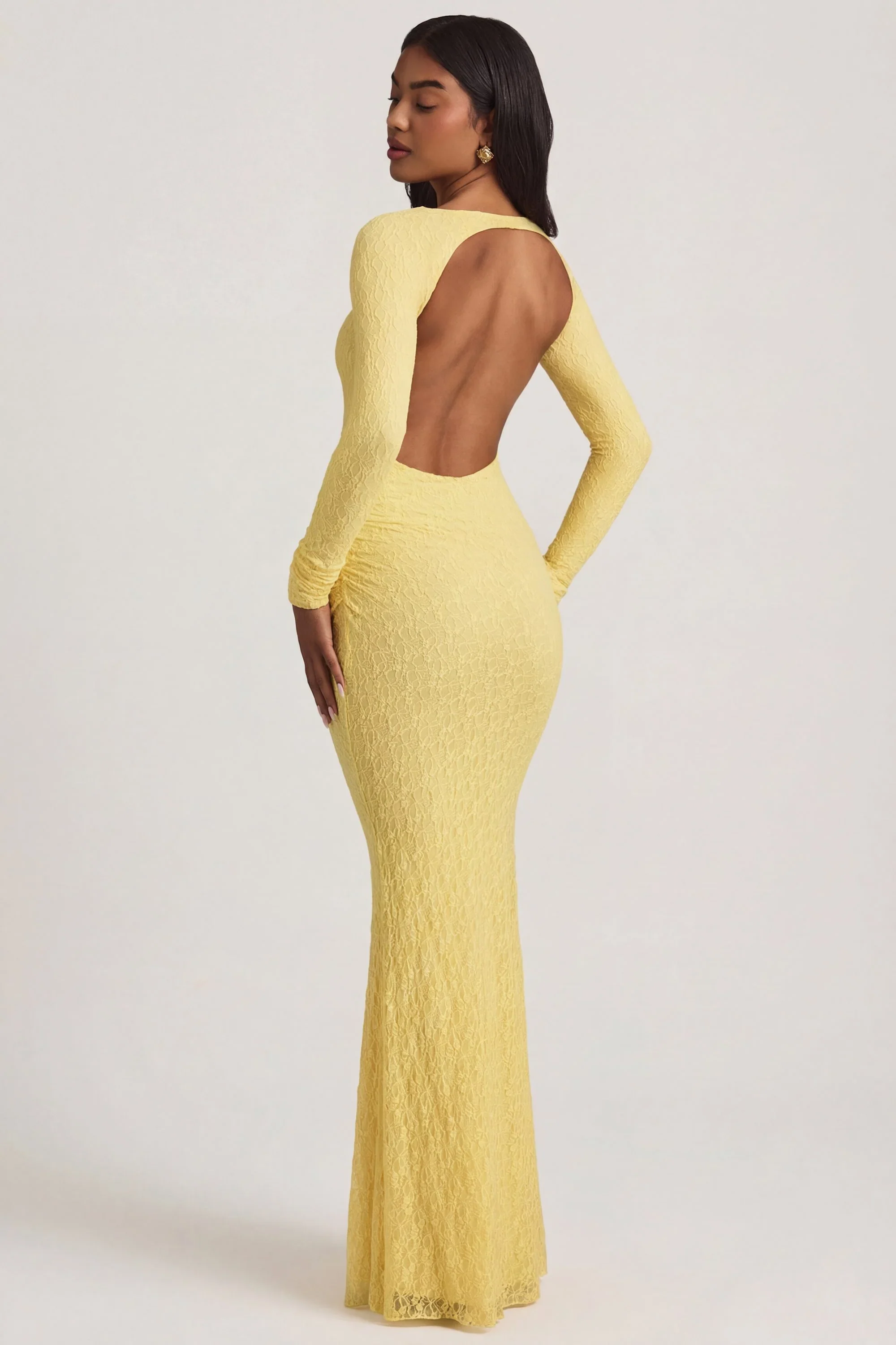Ruched Backless Lace Maxi Dress in Pastel Yellow