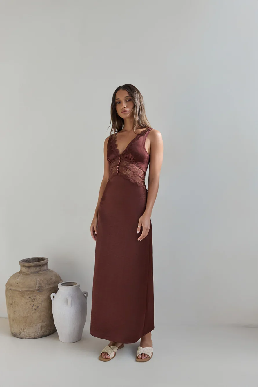 Romantic One Satin Maxi Dress Brown