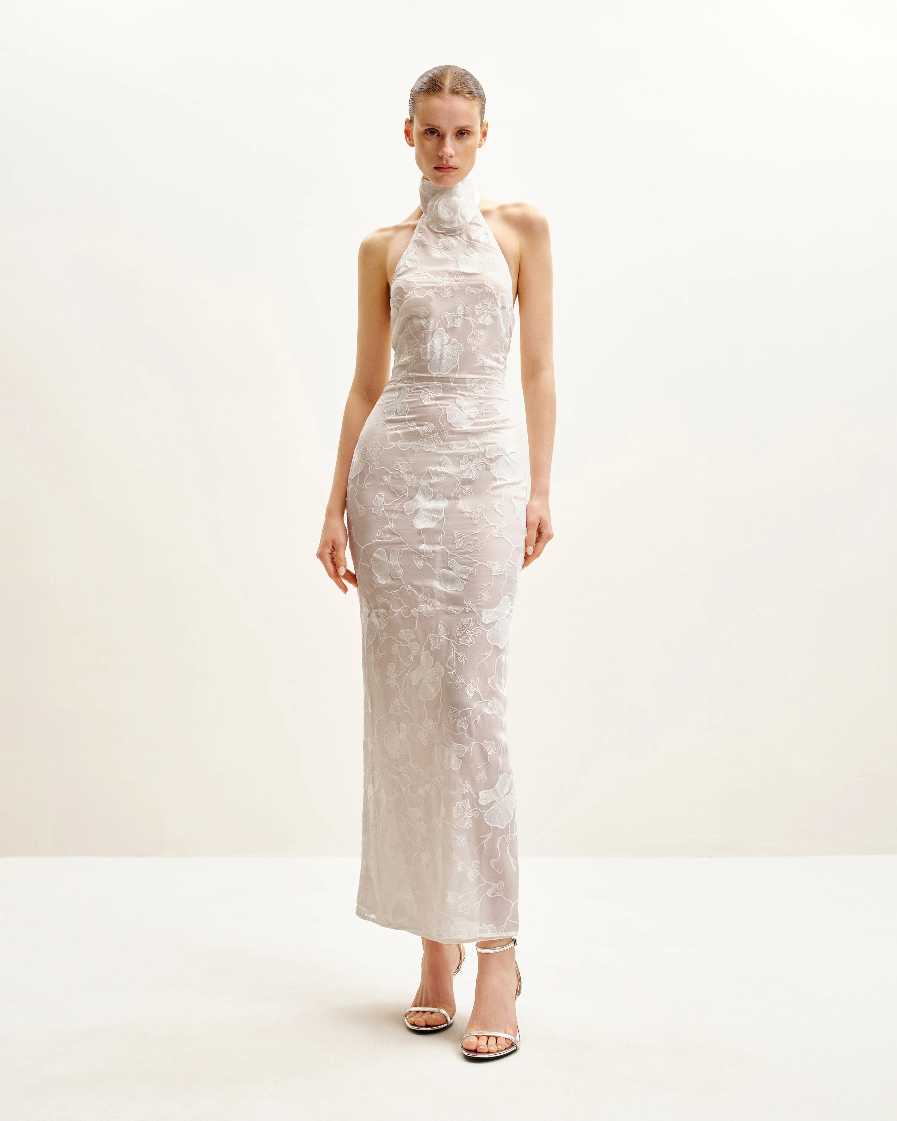 Uliana White Floral Lace Halterneck Maxi Dress - White
