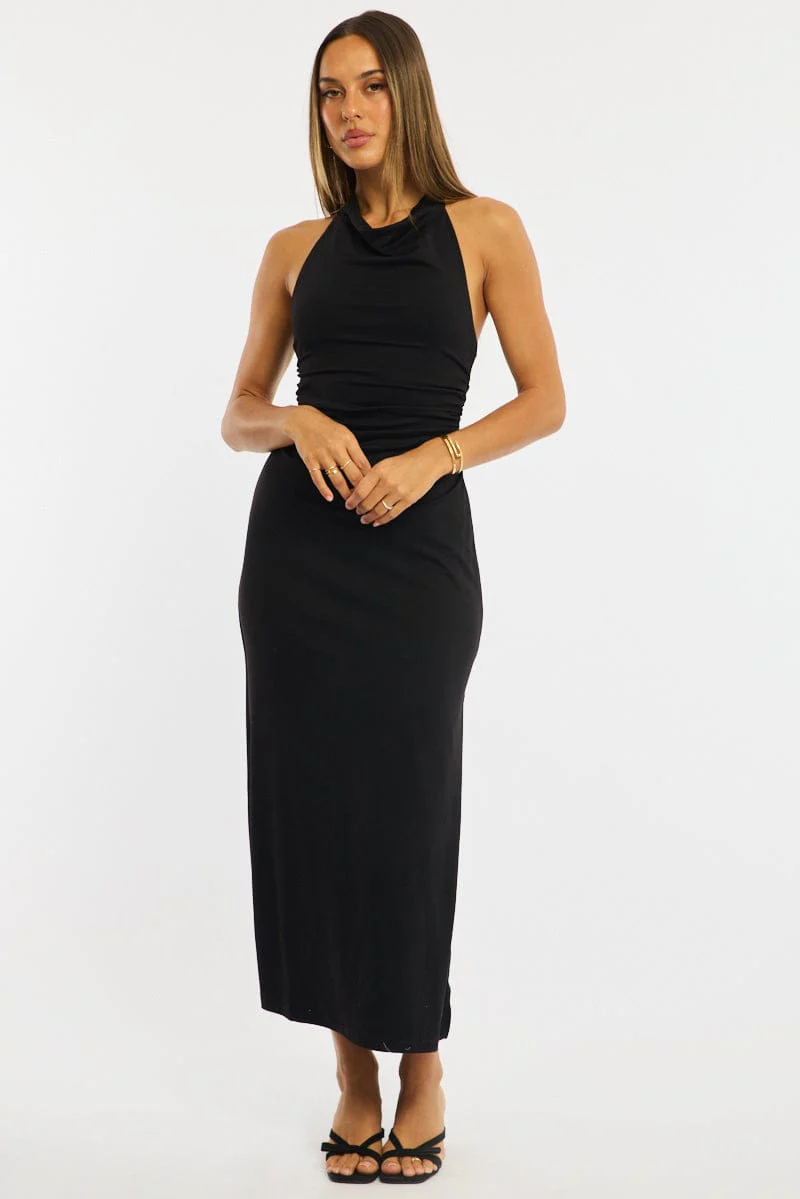 Black Midi Dress Halter Neck