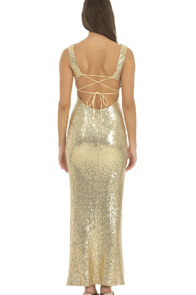 Sequin Square Neck Fitted Maxi Dress