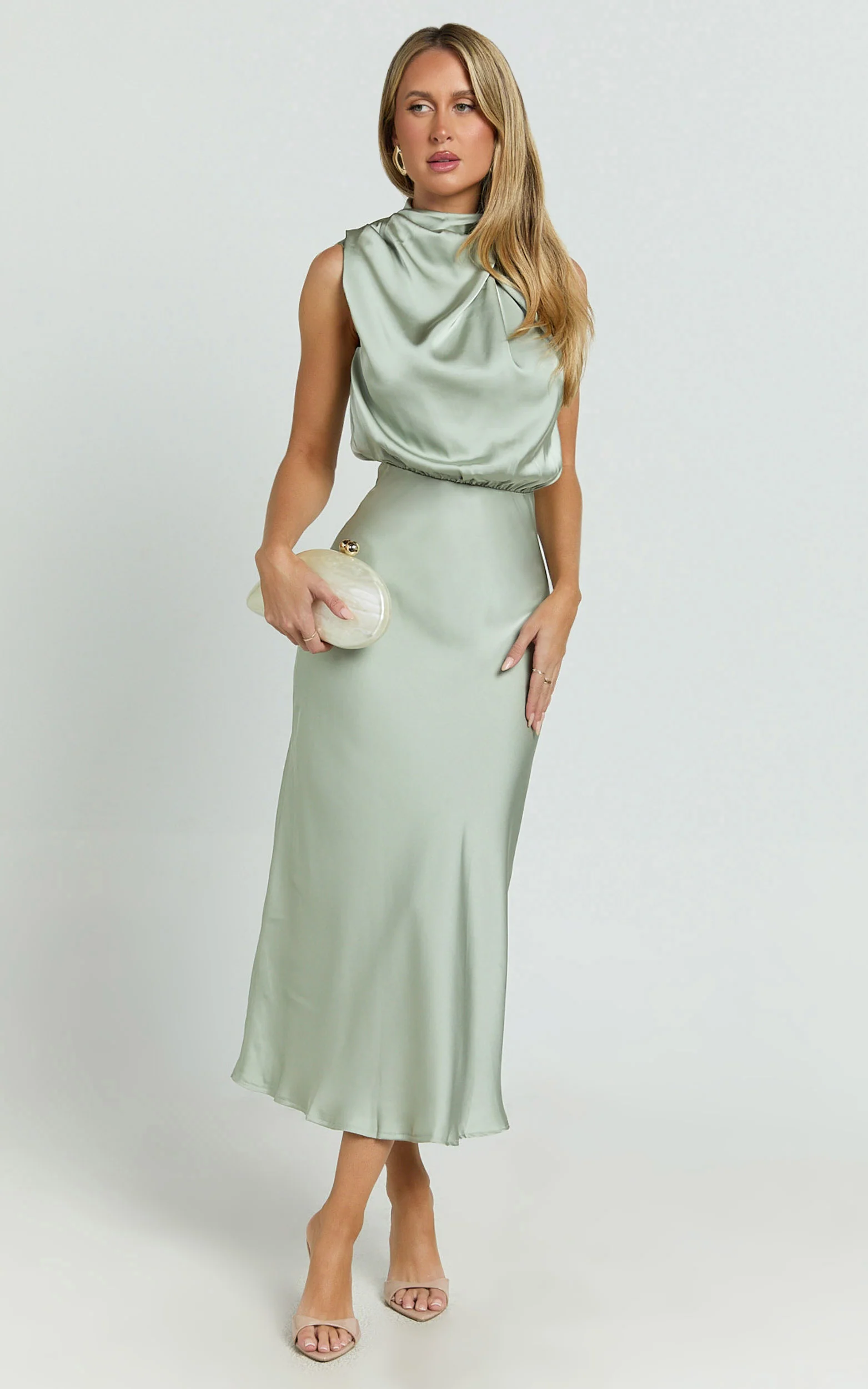 Minnie Midi Dress - Drape Neck Satin Slip Dress in Sage