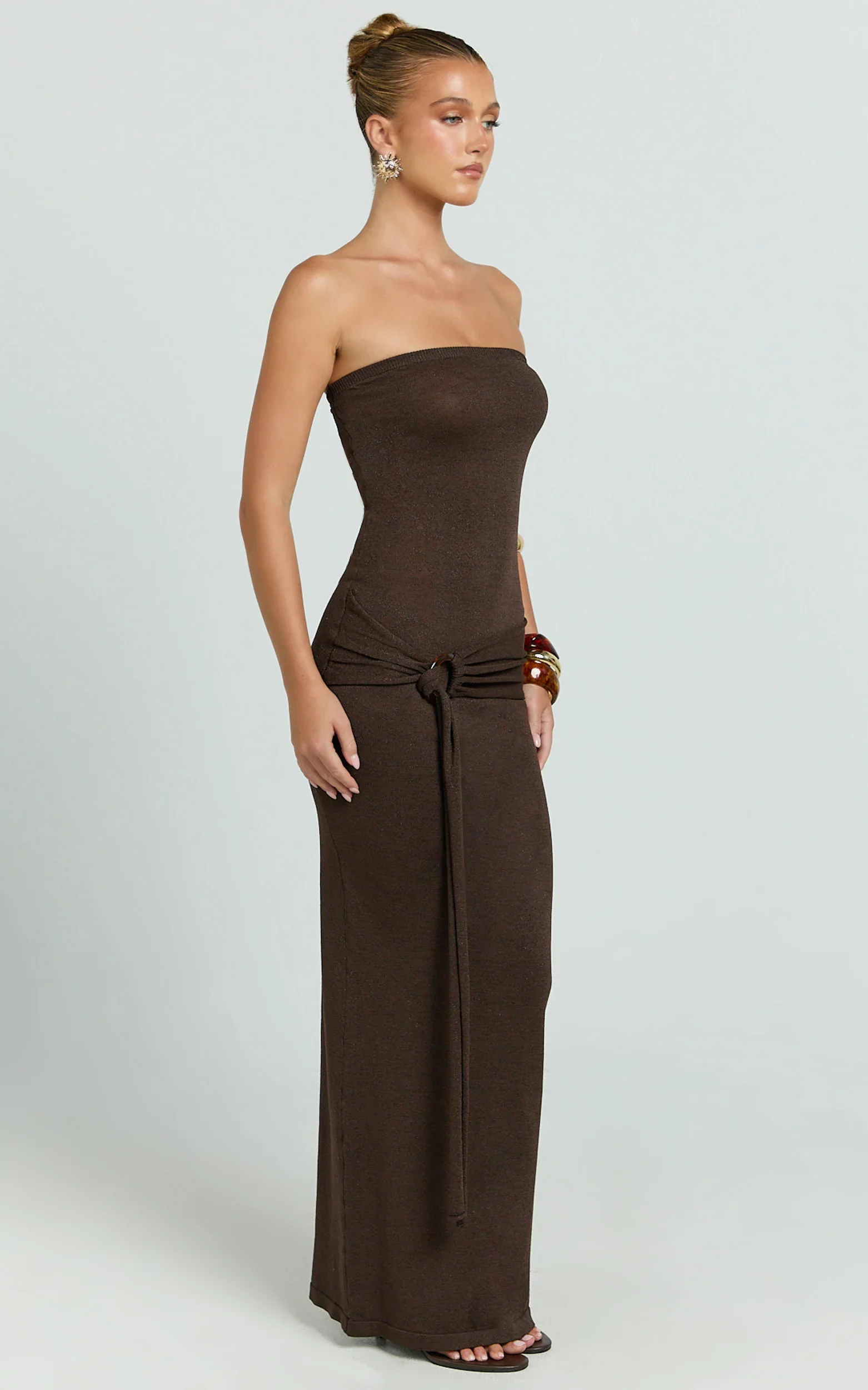 Viviana Maxi Dress - Knit Strapless Tie Waist Maxi Dress in Chocolate