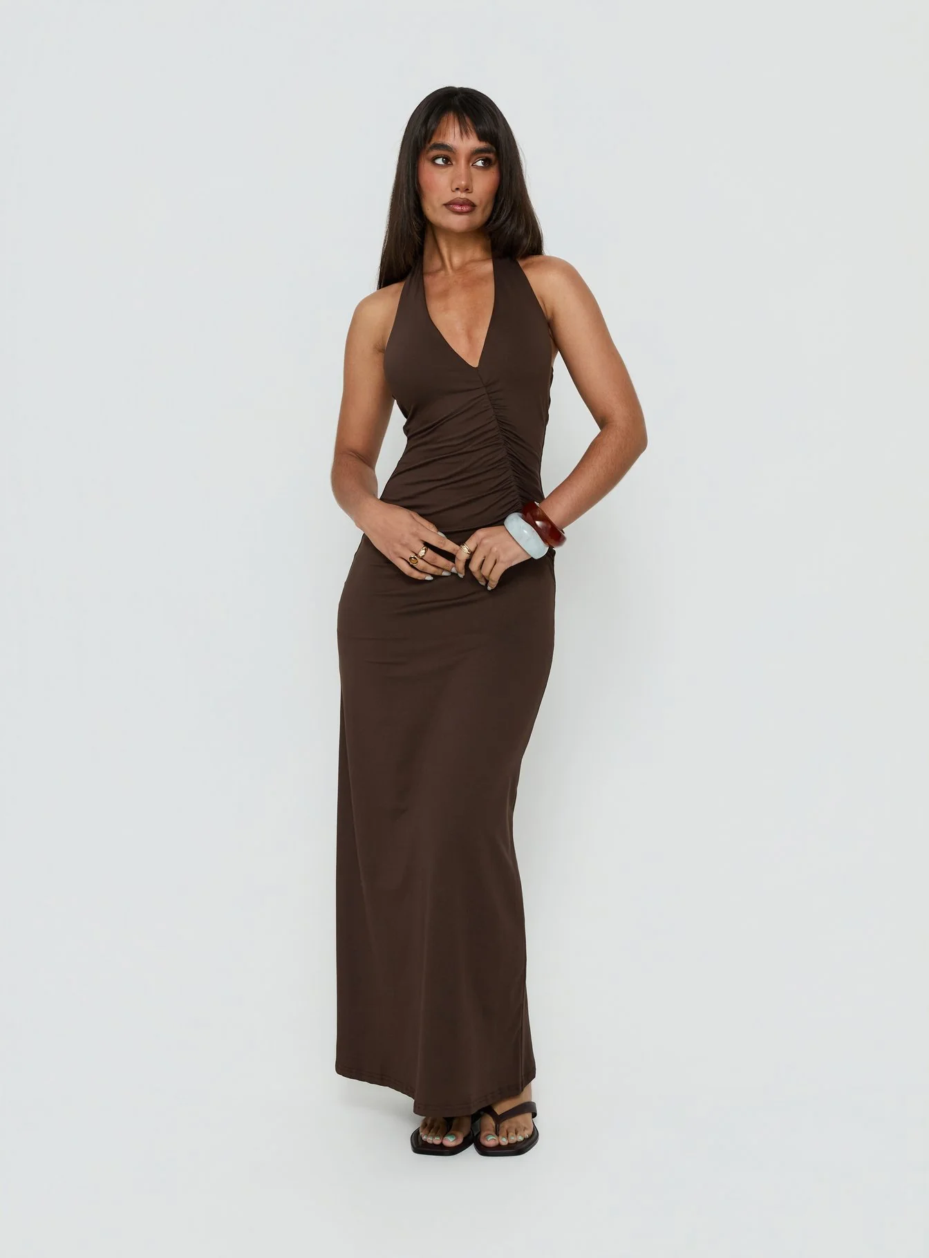 Cadira Ruched Halter Maxi Dress Chocolate