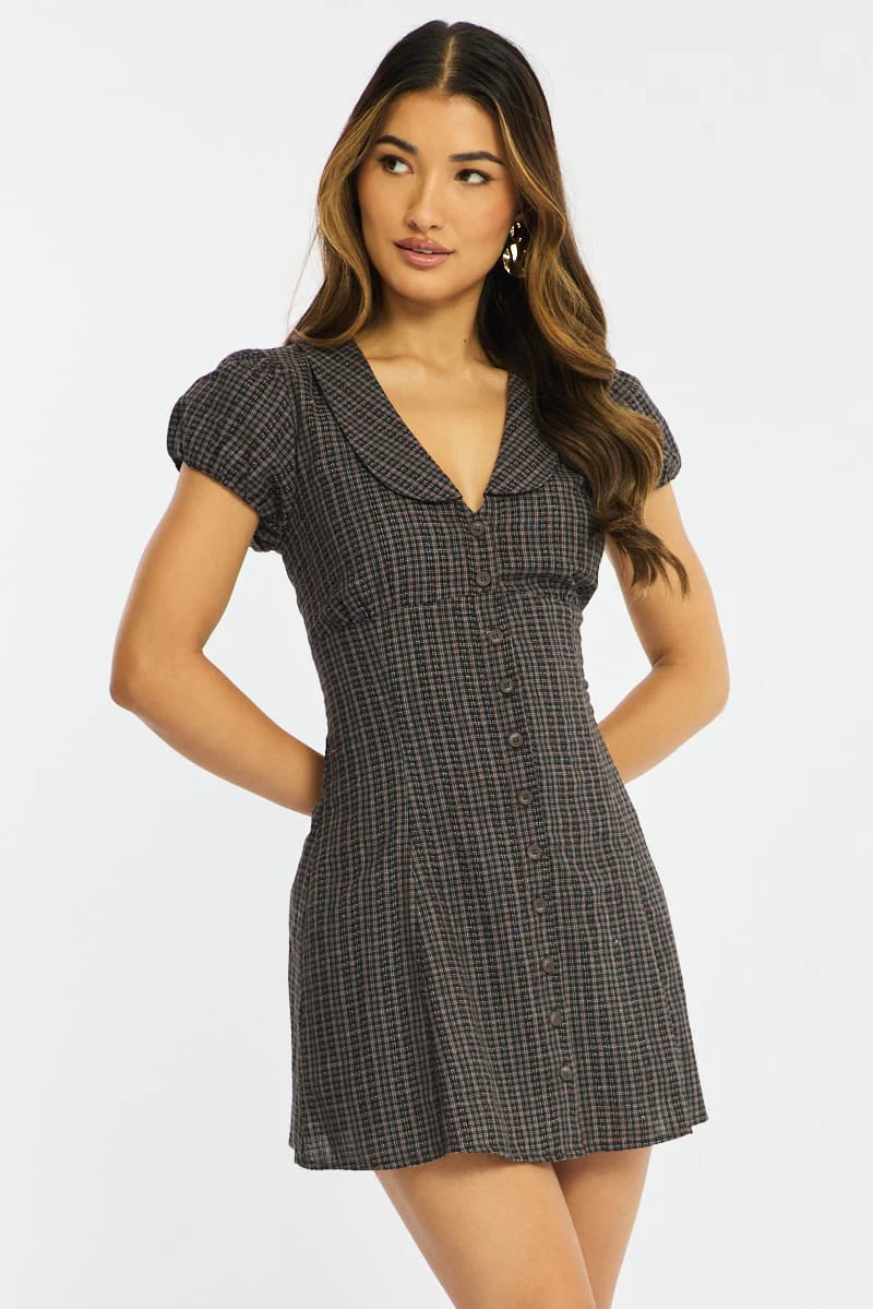 Brown Check Shirts Dress Collared Mini