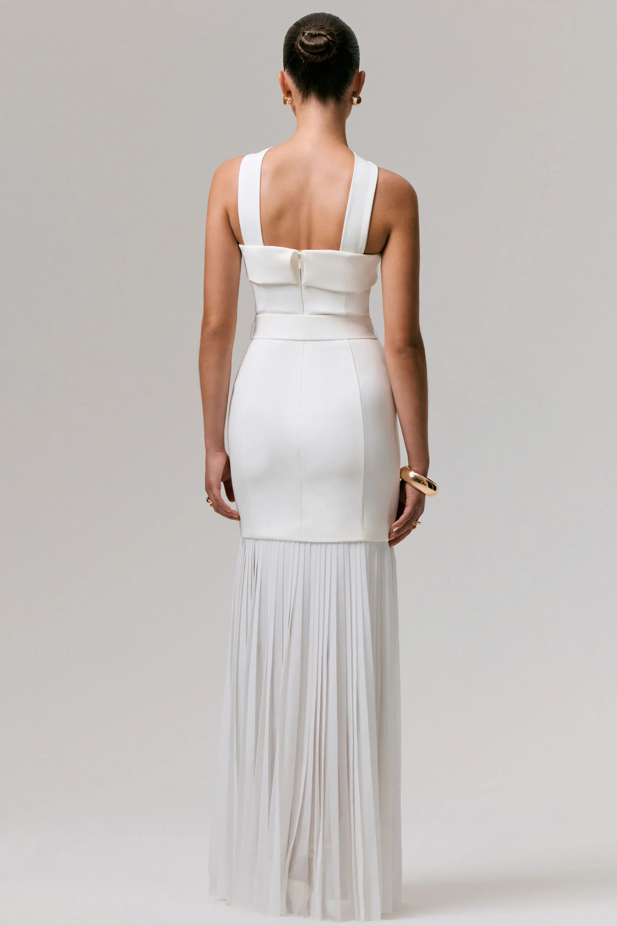 Jaquetta | White Belted Maxi Dress With Pleated Chiffon Skirt