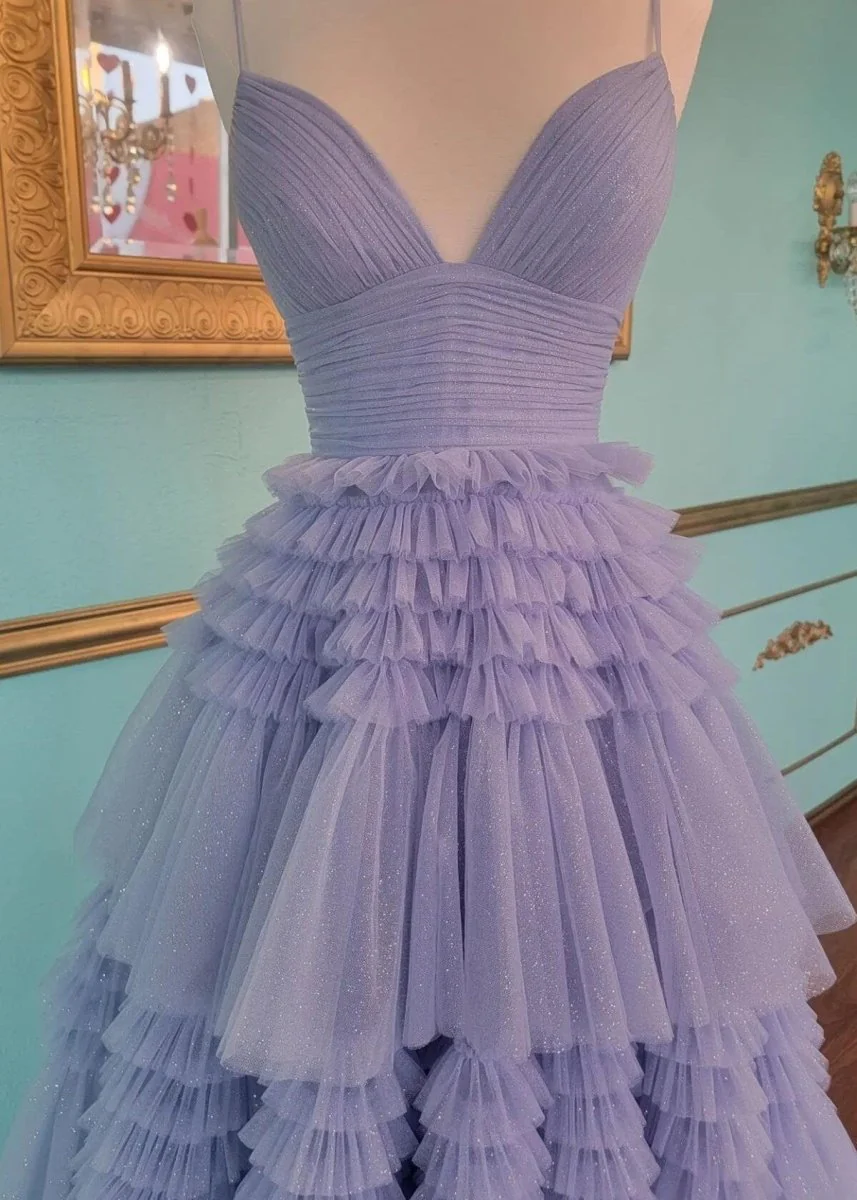 Amanda| A-Line Spaghetti Straps Long Tiered Tulle Prom Dress With Split