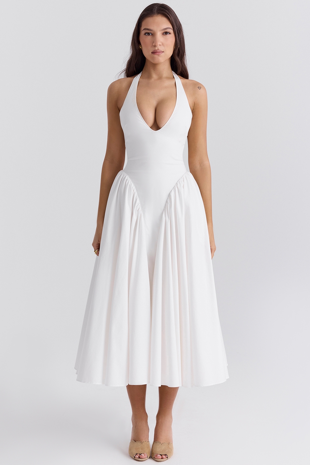 White Cotton Halter Midi Sundress