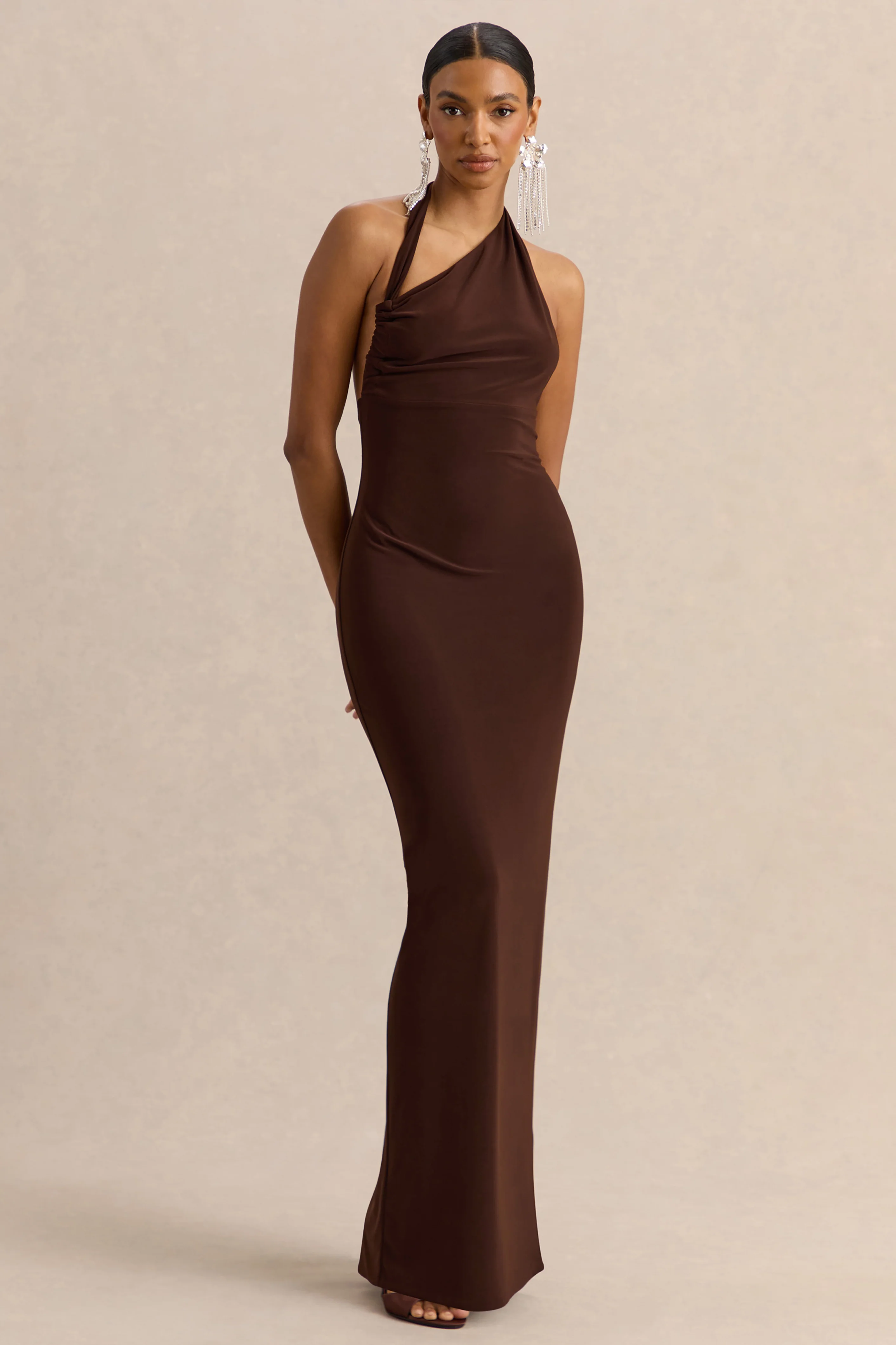 Delisse | Brown Asymmetric-Neck Maxi Dress