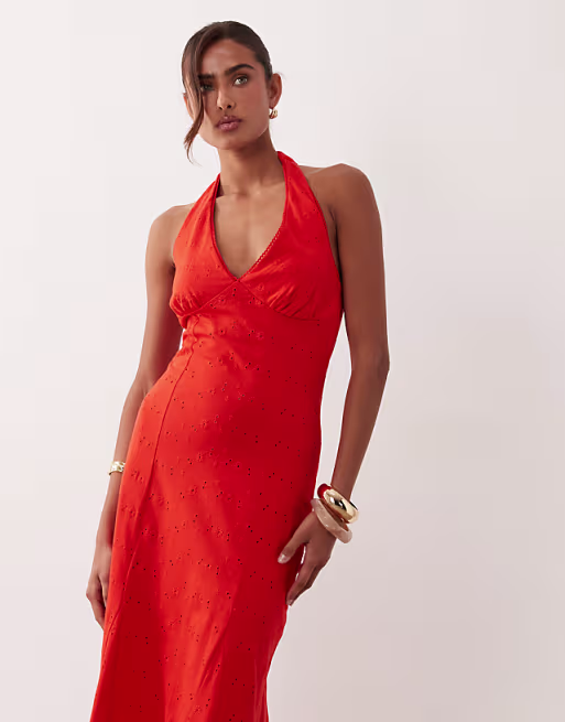 broderie halter midi dress in red