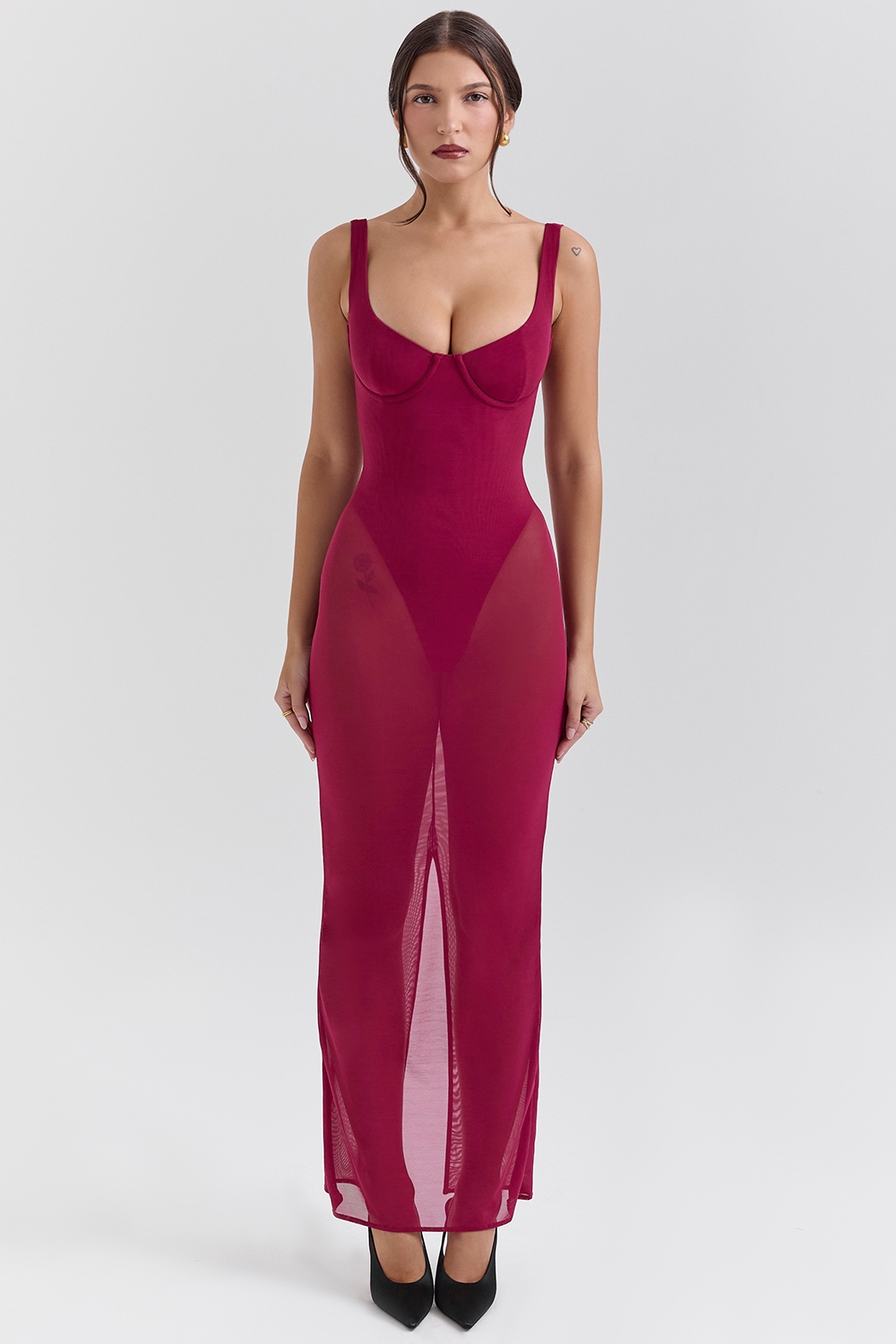 Wine Stretch Mesh Maxi Dress