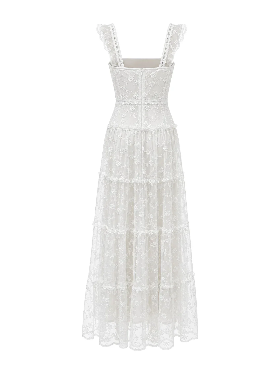 Tiered Vertical Lace Maxi Dress with Square Neckline