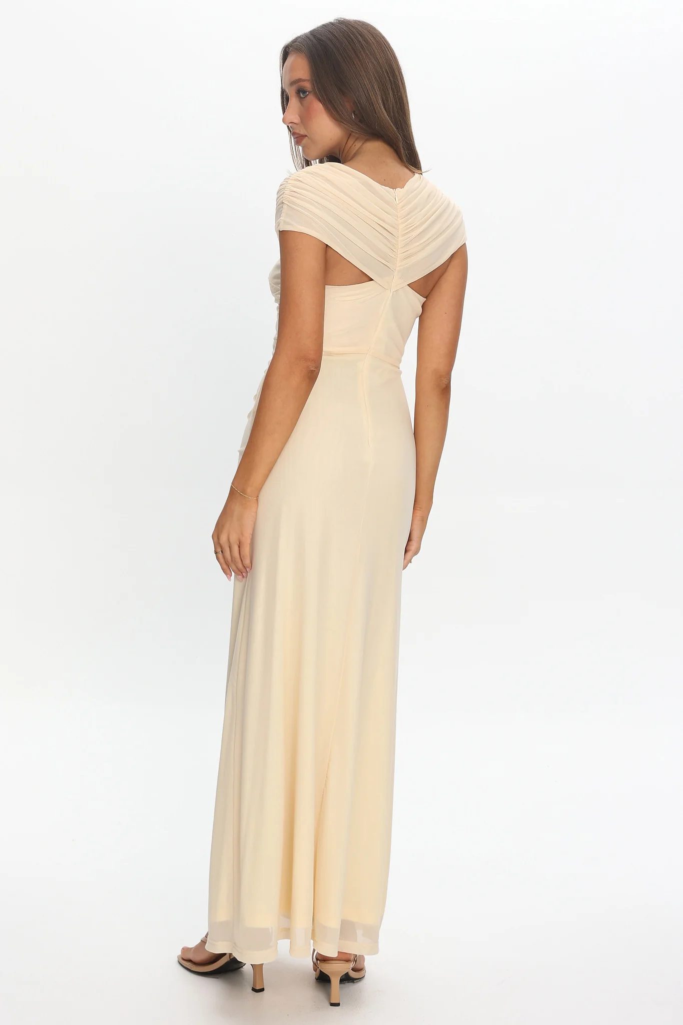 Reba Sheer Waist Ruched Maxi Waist Cream - luluinthesky