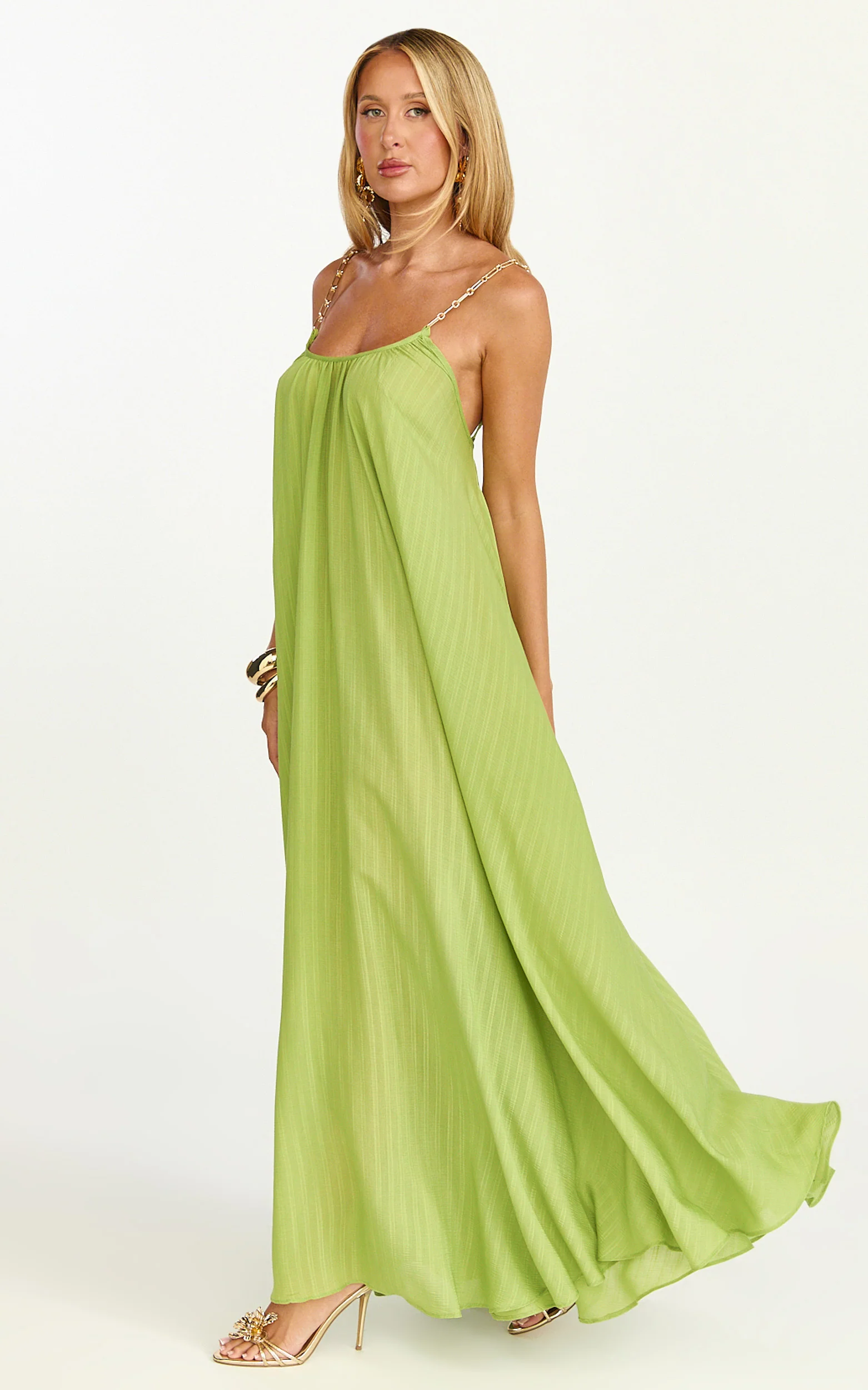 Eliana Maxi Dress - V Neck Chain Strap Tie Back Shift Dress in Green