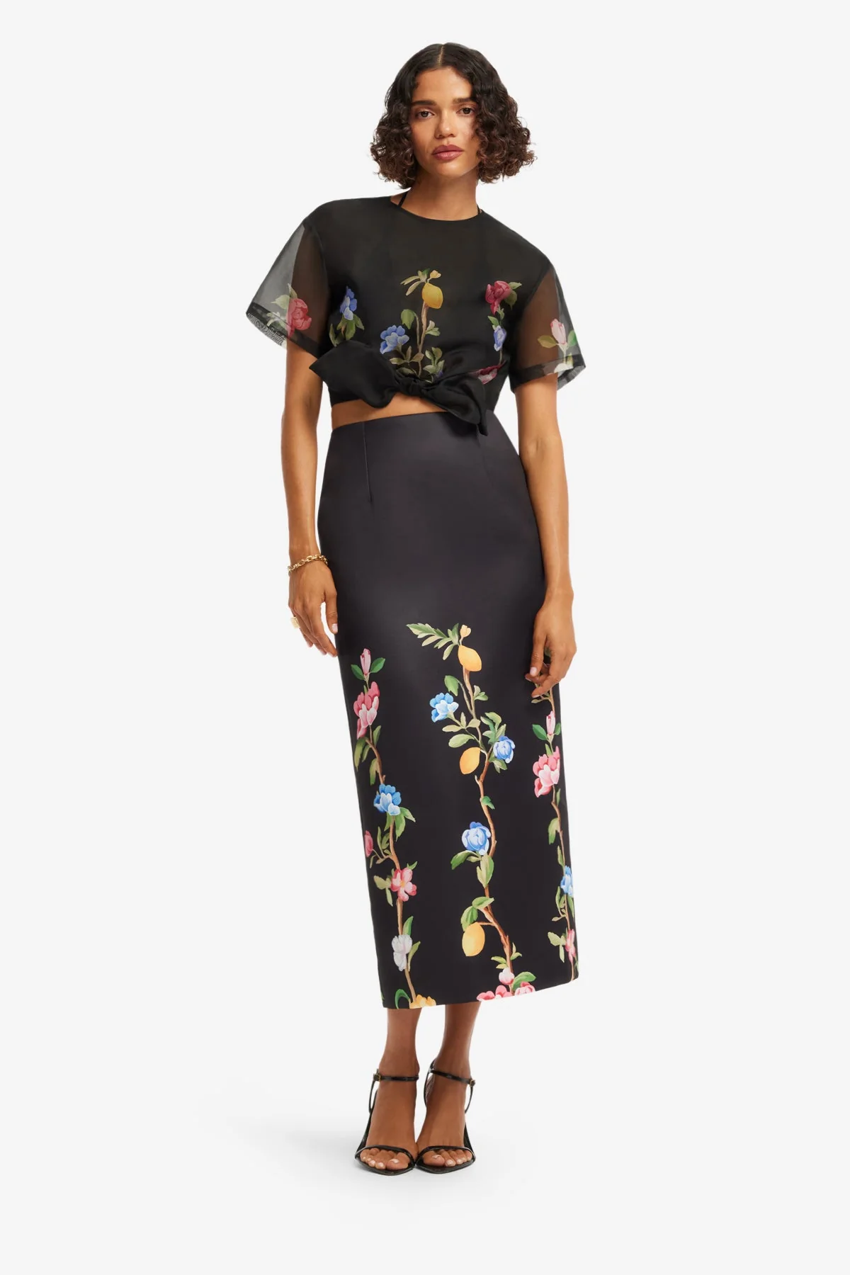 Quinn Midi Skirt - Lemon Vine Print in Ebony