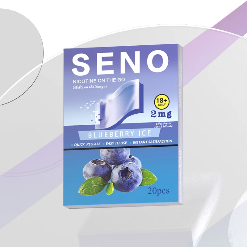 SENO Blueberry Ice nicotine pouch box with a blueberry illustration and visible 18+ and 2 mg labels.