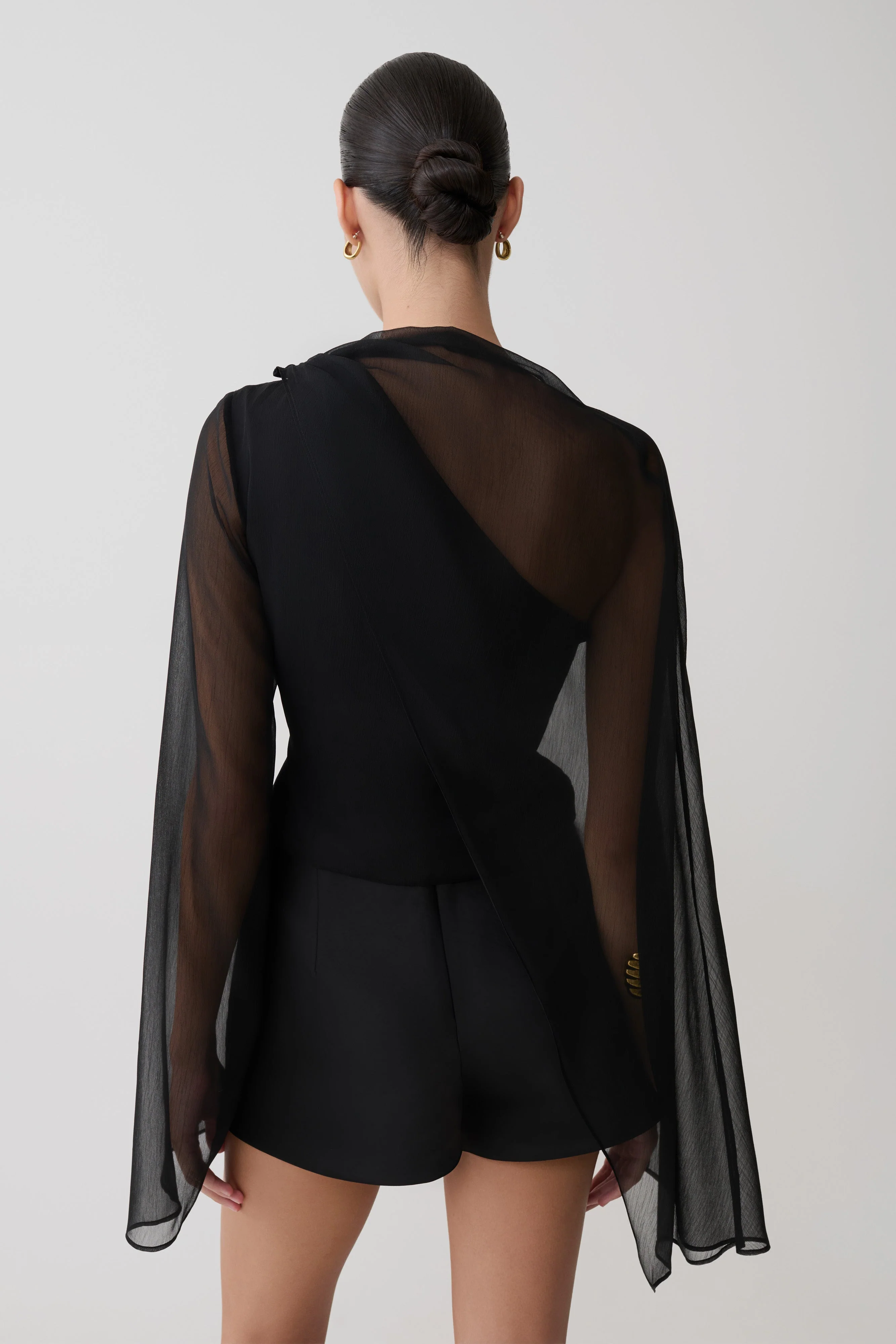Ida Sheer Asymmetrical Long Sleeve Cape - Black