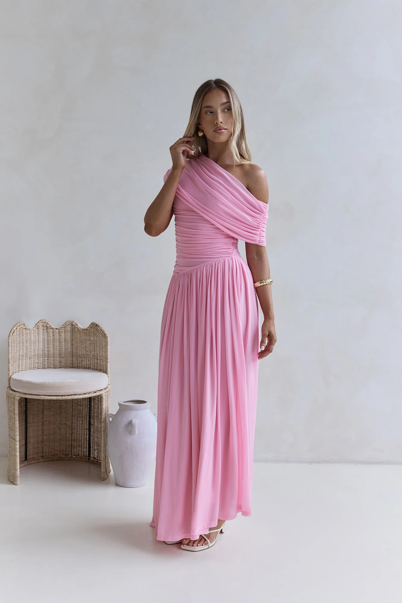 Hidden Flair One Shoulder Mesh Maxi Dress Pink