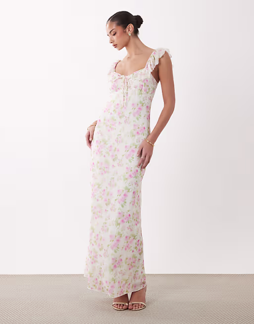 Gina Tricot frill maxi dress in multi flower print