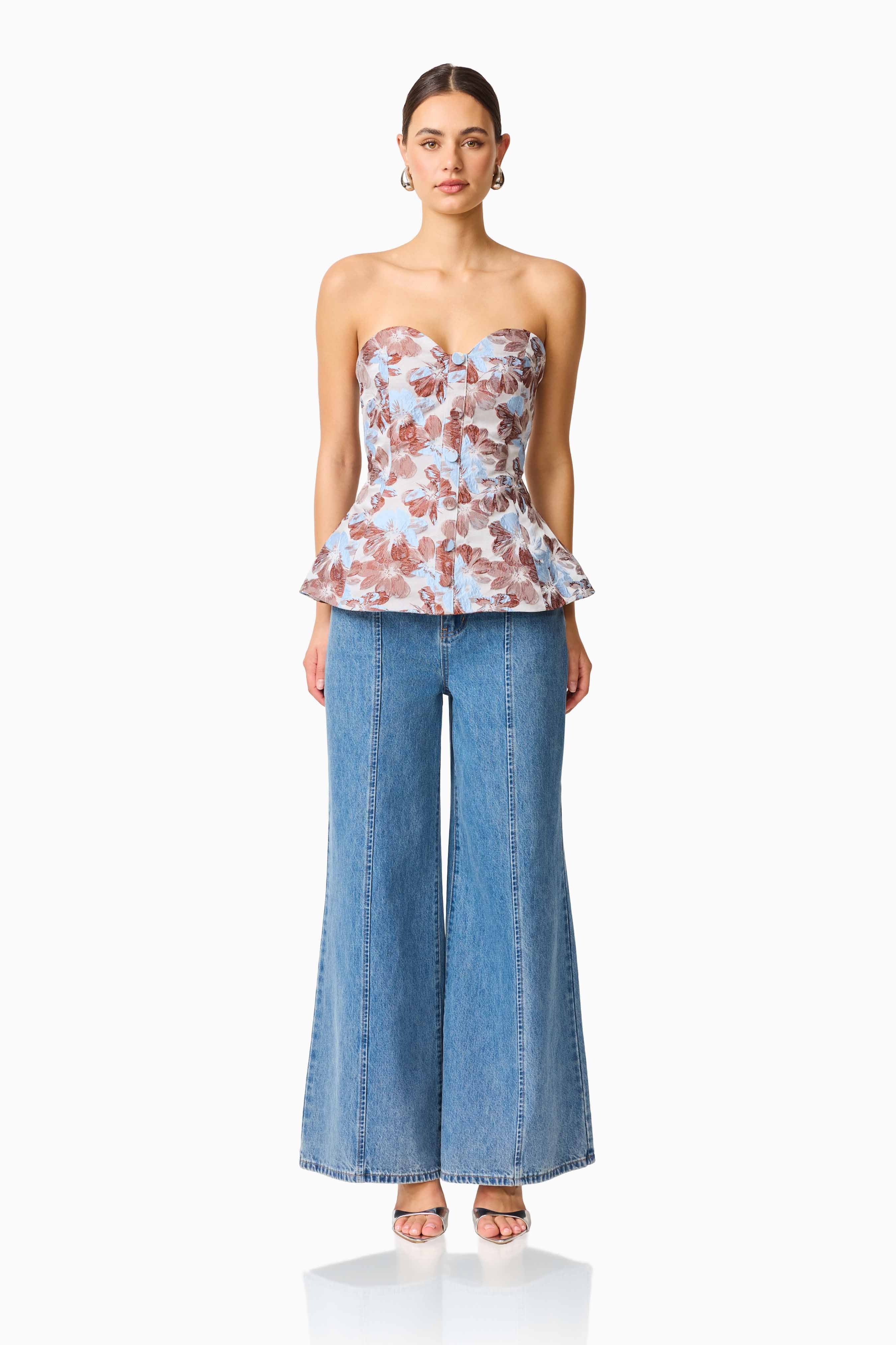CURAAE Bloomette Strapless Top in Brown and Blue Floral