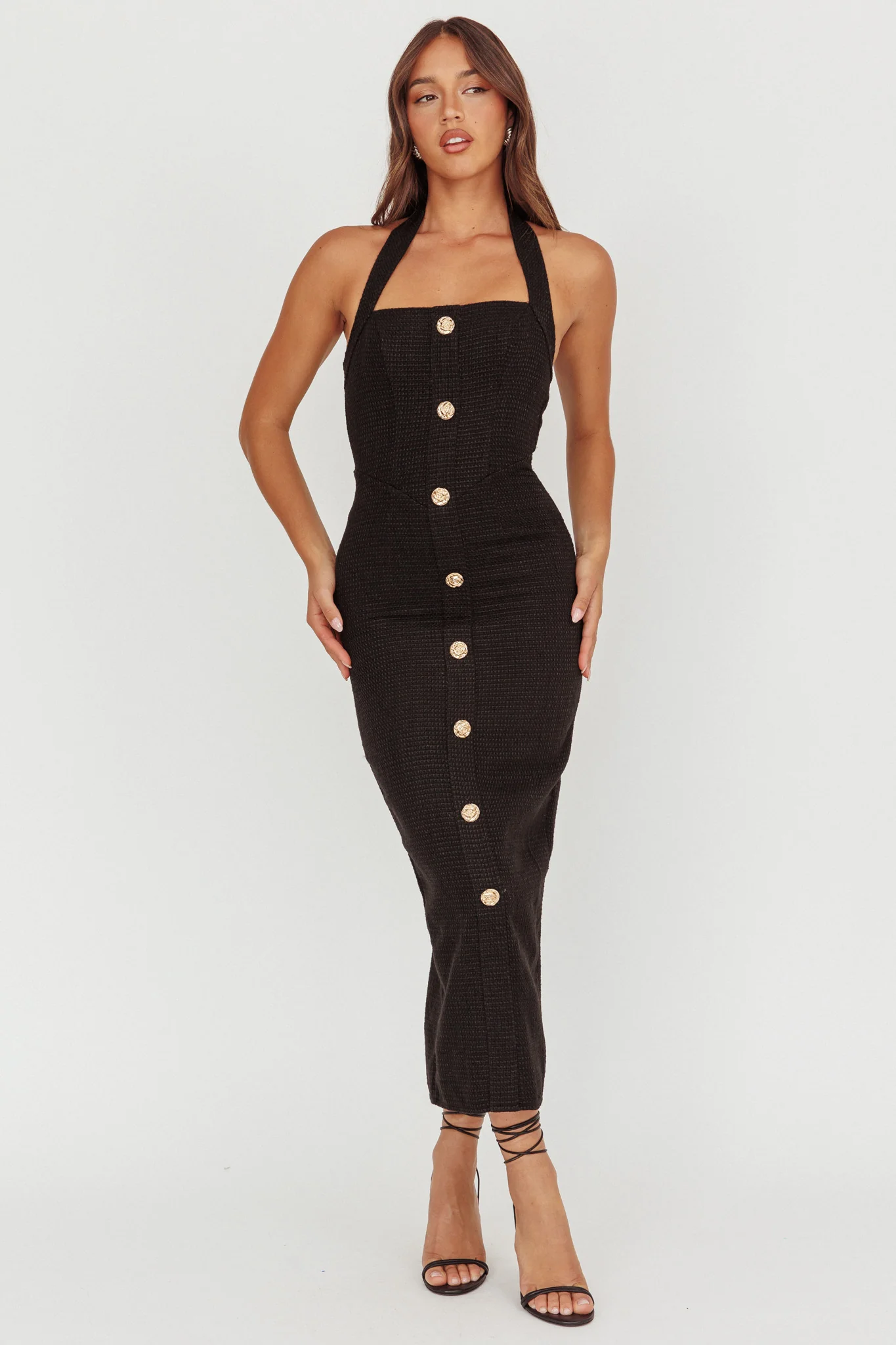 She Is Button Front Halter Midi Dress Tweed Black