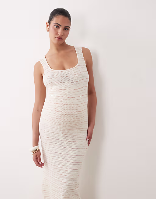 Mamalicious Maternity square neck jersey crochet midi dress in cream and multi color stripes