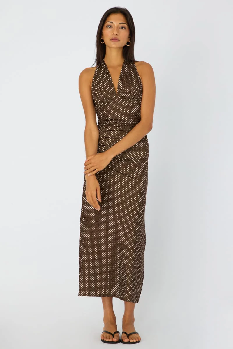 Brown Polka Dot Halter Neck Midi Dress