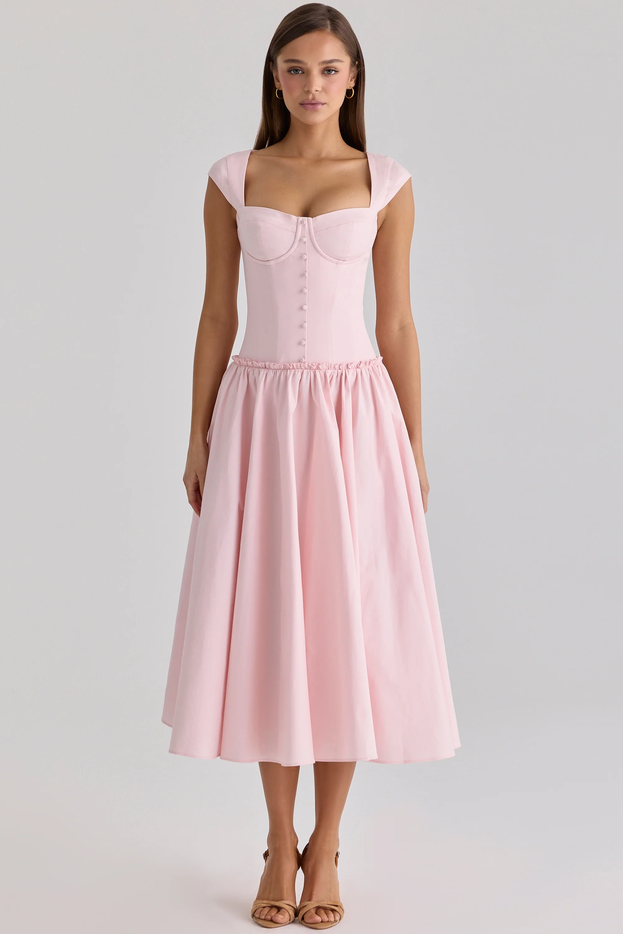 Pink Cotton Cap Sleeve Midi Dress
