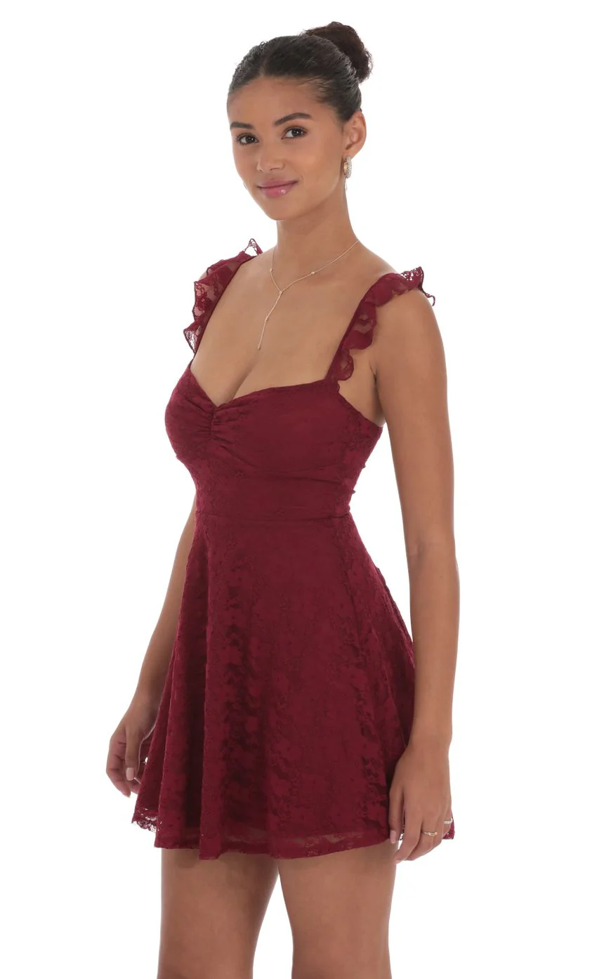Lace Ruffle Strap A-Line Dress in Burgundy - luluinthesky