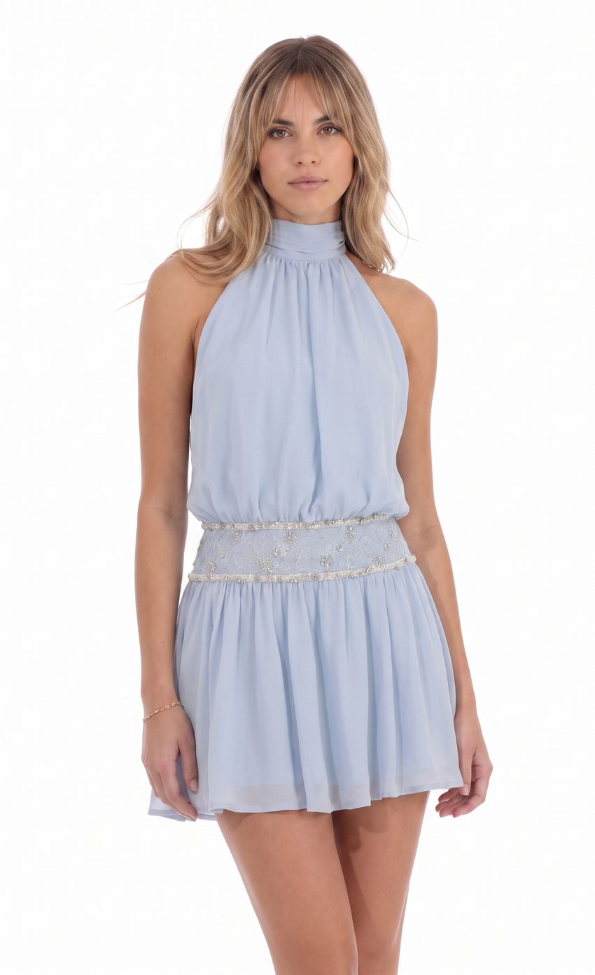 Beaded Waist Halter Mini Dress in Light Blue