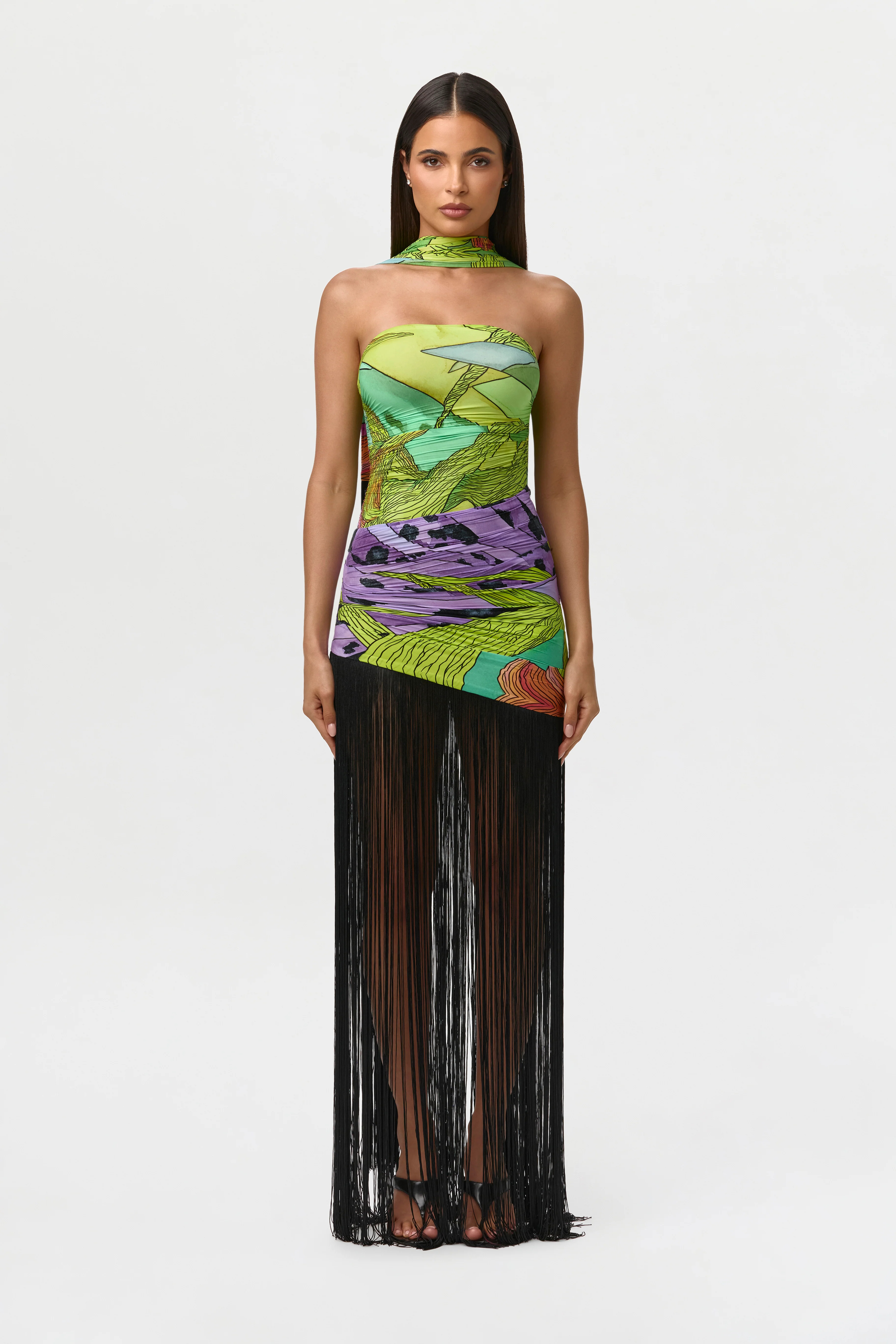 Naked Print Fringe Tube Dress