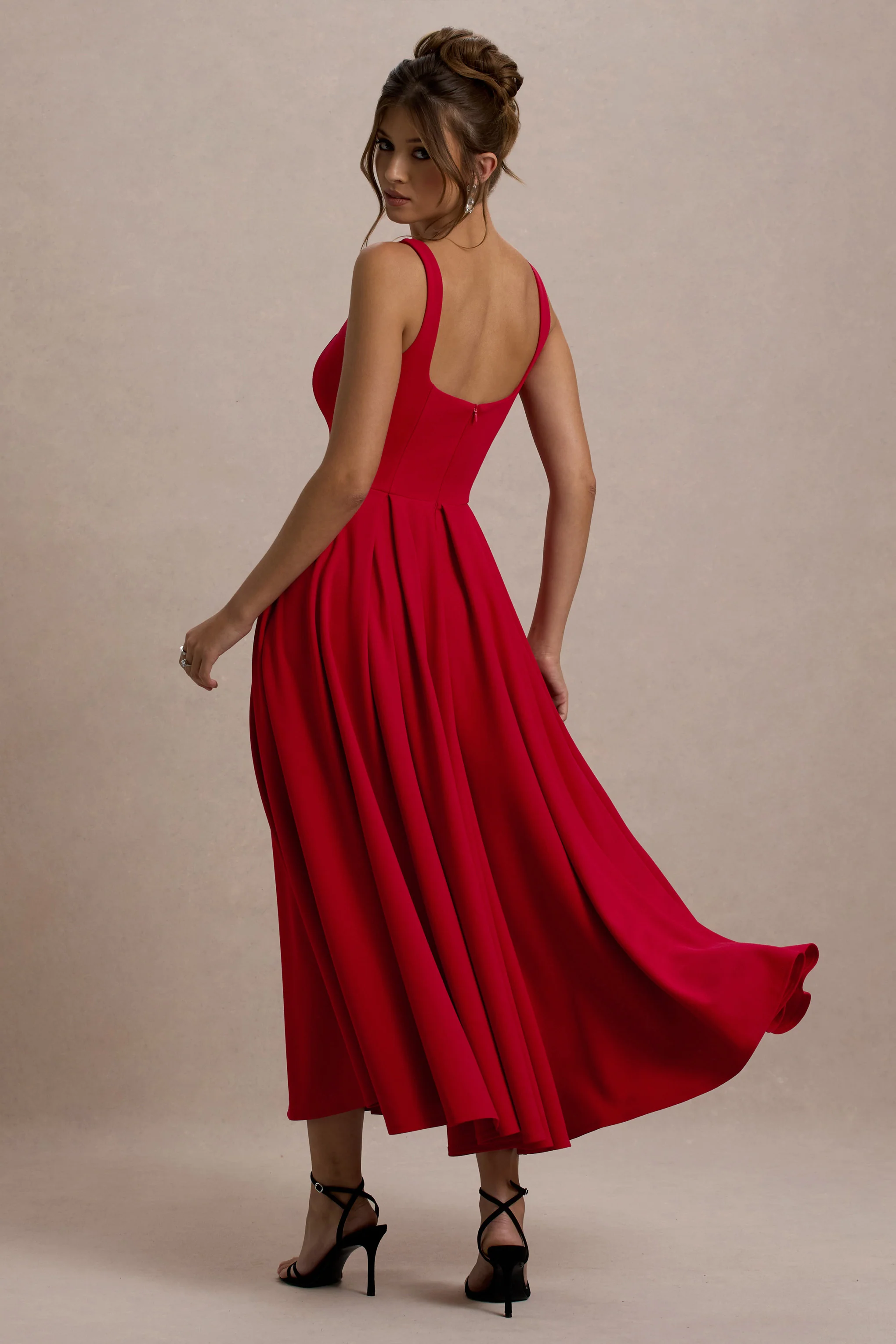 Parina | Red Strappy Volume-Hem Midi Dress