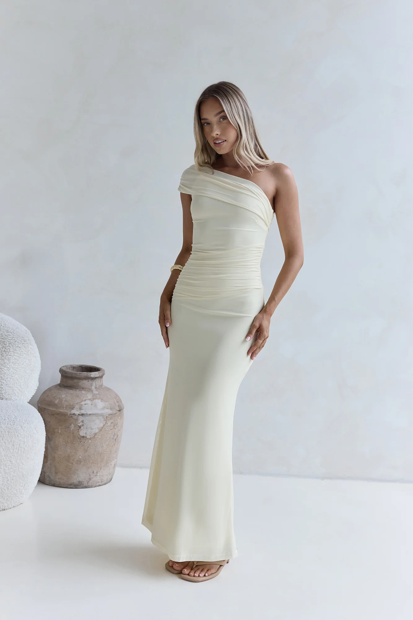Kiss The Moon One Shoulder Mesh Maxi Dress Lemon