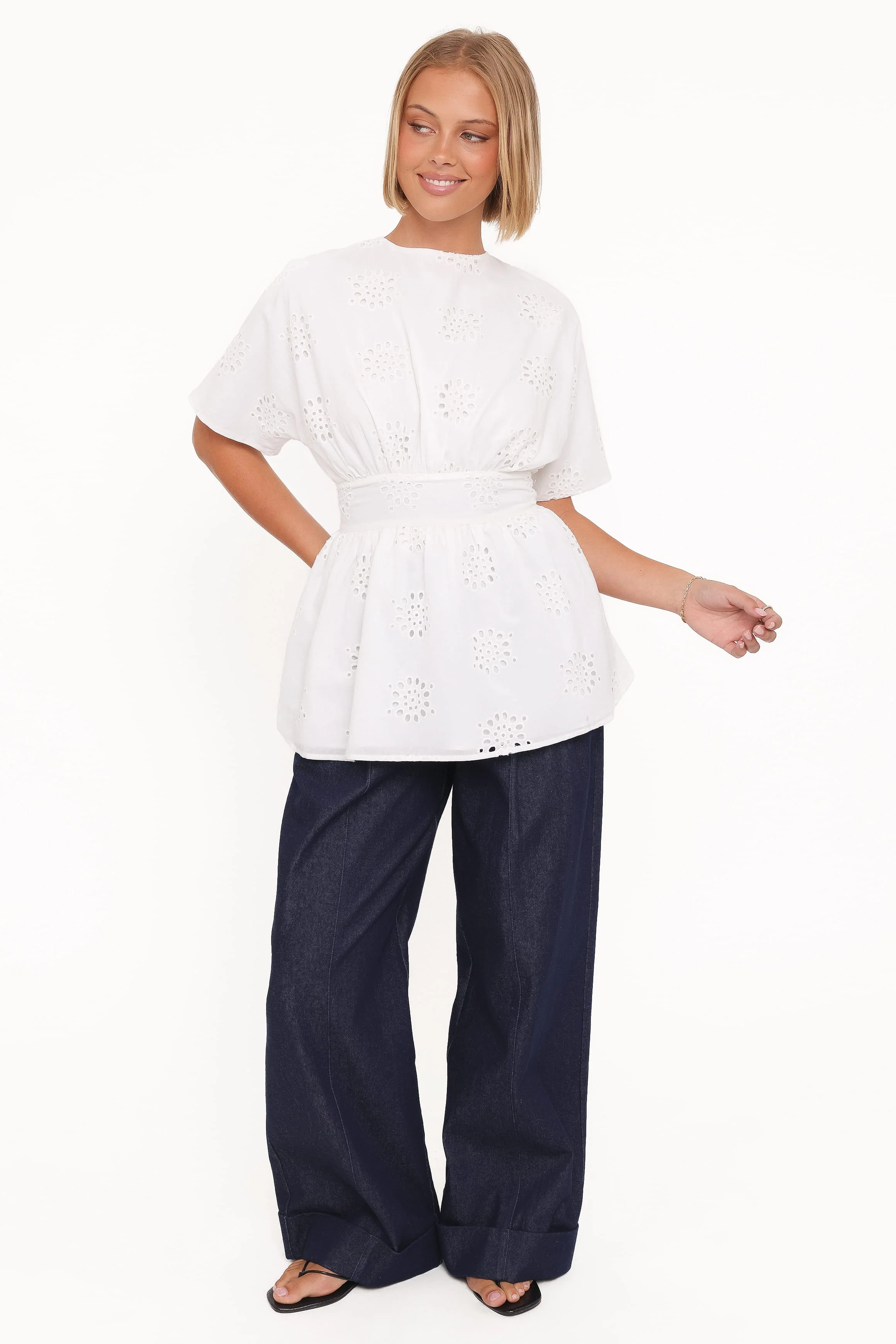 Carmel Tie Back Tunic Top - White Embroidery