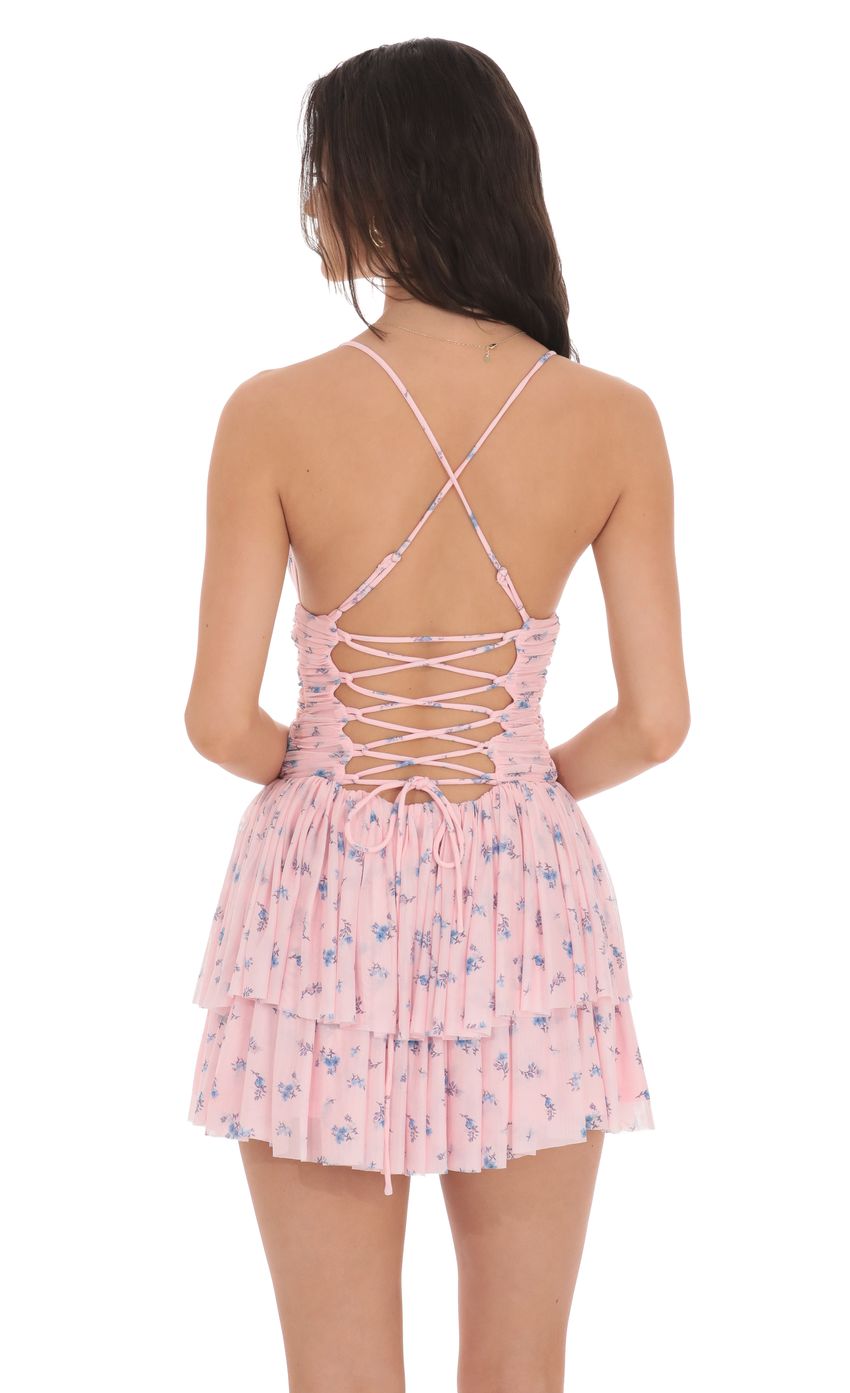 Floral Mesh Tiered Dress in Pink