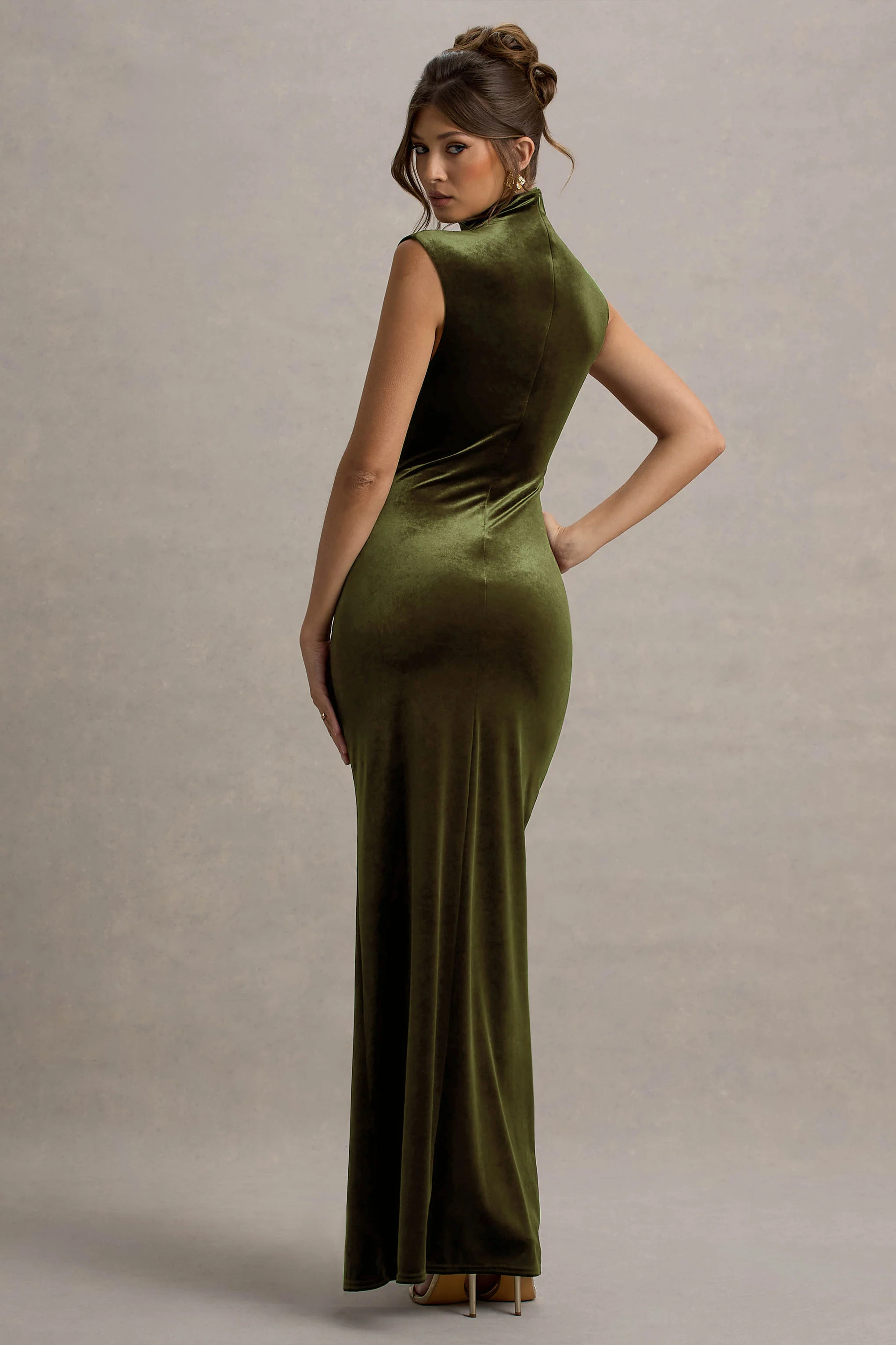 Abilene | Olive Velvet High-Neck Split Maxi Dress