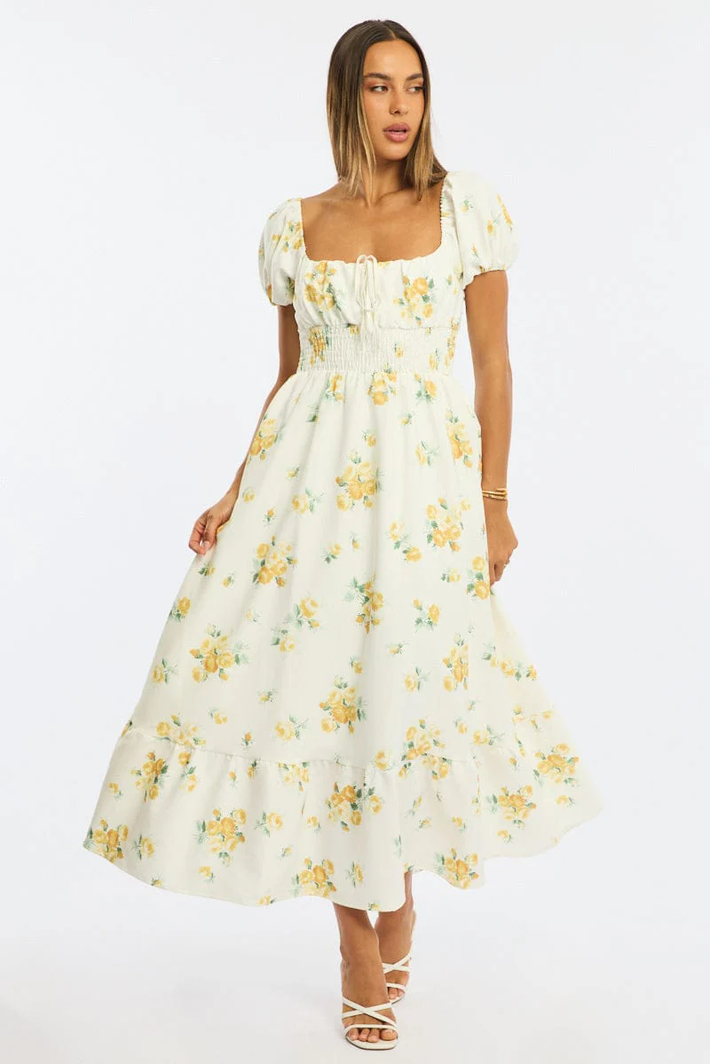 Yellow Floral Maxi Dress Puff Sleeve