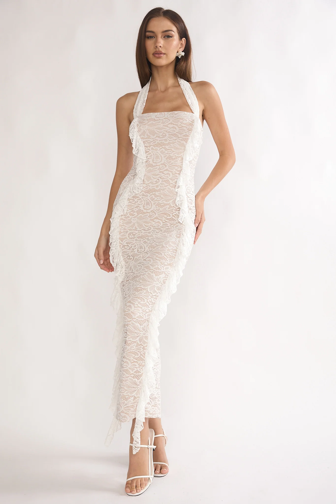 Chiavari Ruffle Trim Lace Maxi Dress White